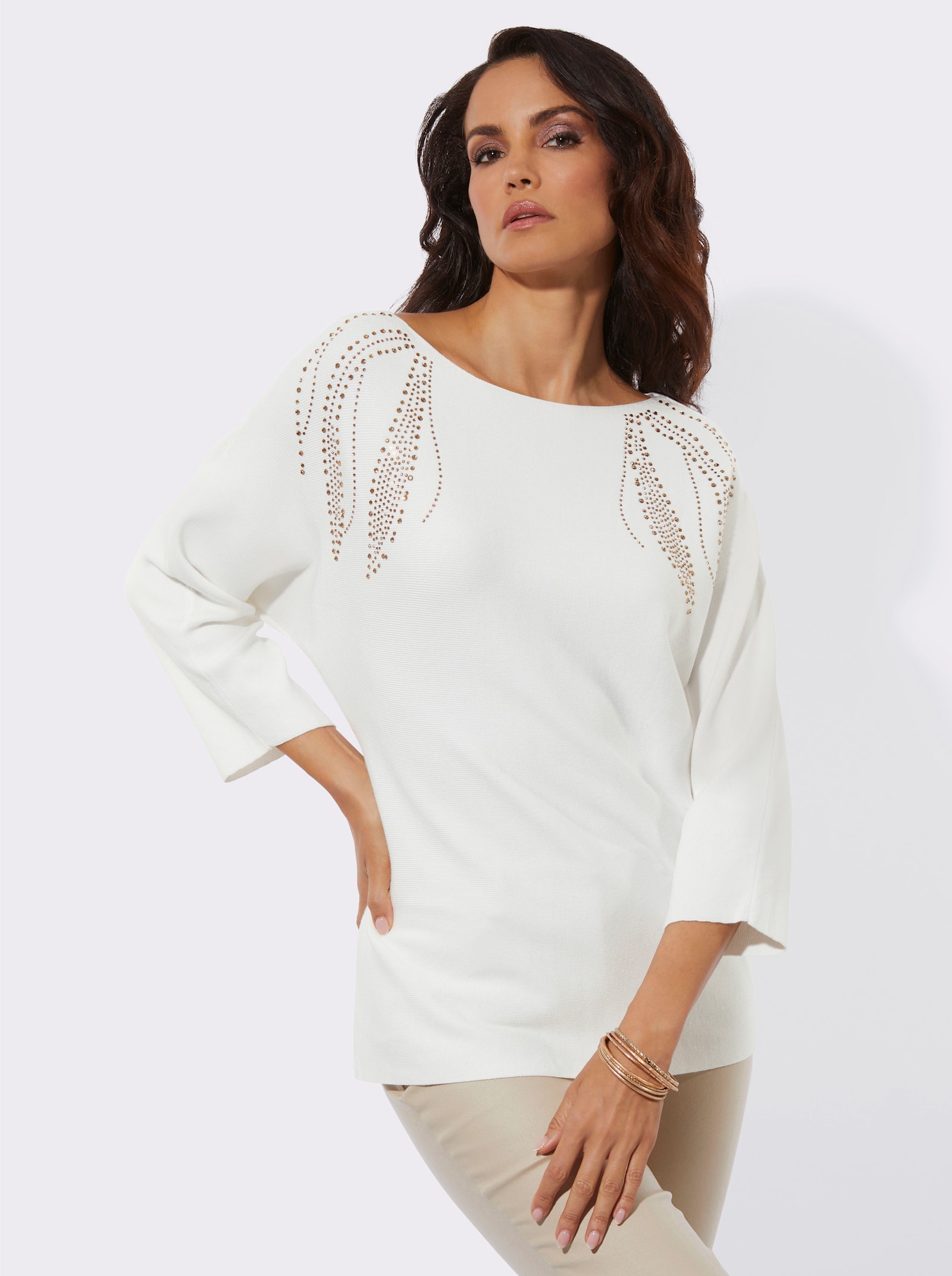 3/4 Arm-Pullover mit Fledermaus-Ärmeln - ecru