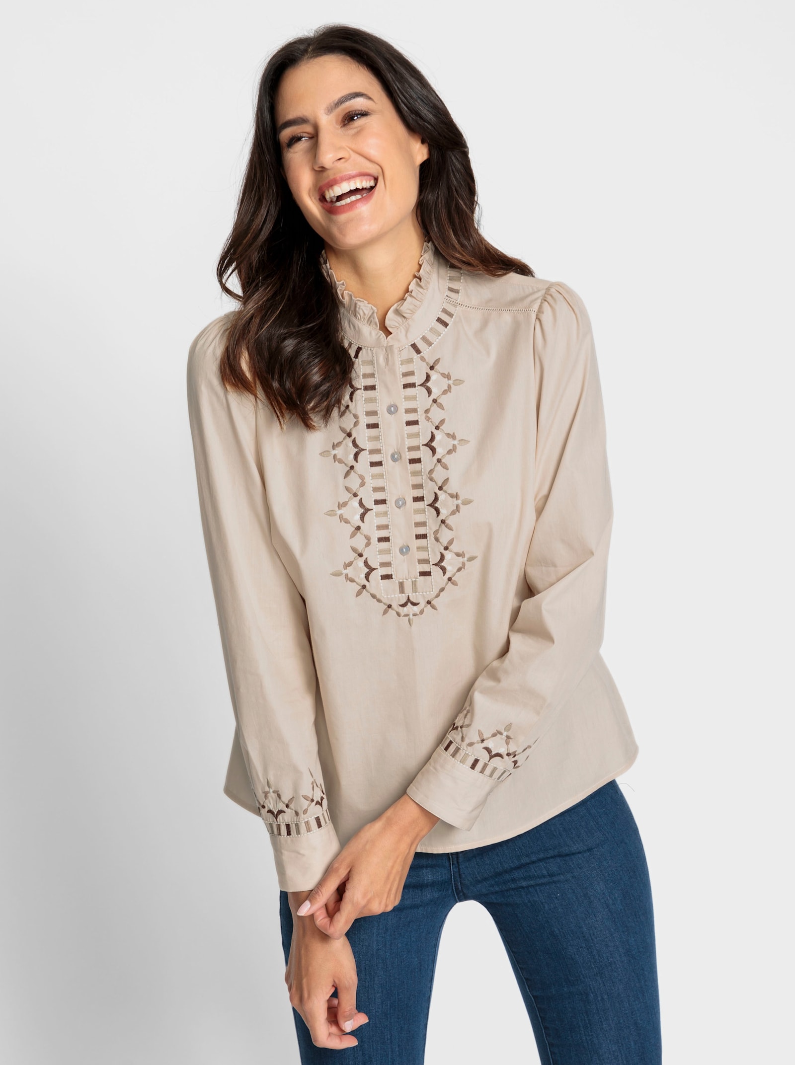 Baumwollbluse mit Rüschen am Stehkragen - elfenbein-gemustert