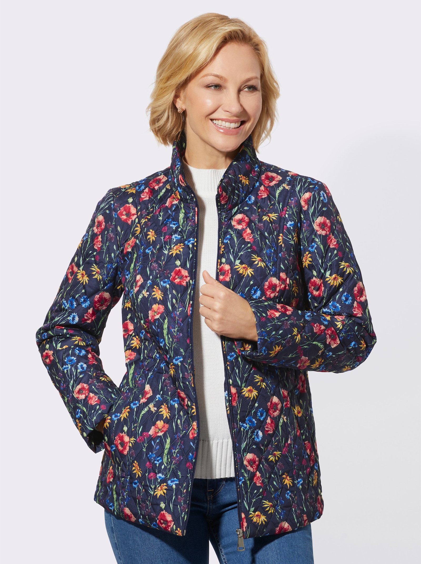 Steppjacke mit rautenförmigem Prägemuster - marine-koralle-bedruckt