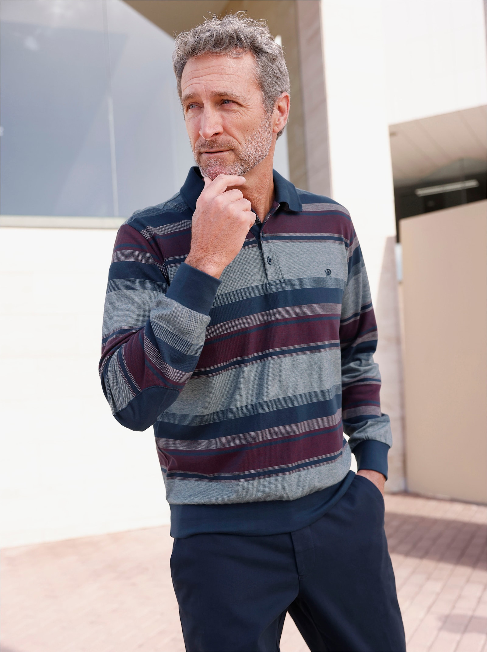 Marco Donati Langarm-Poloshirt mit Ellenbogen-Patches - dunkelblau-bordeaux-gestreift