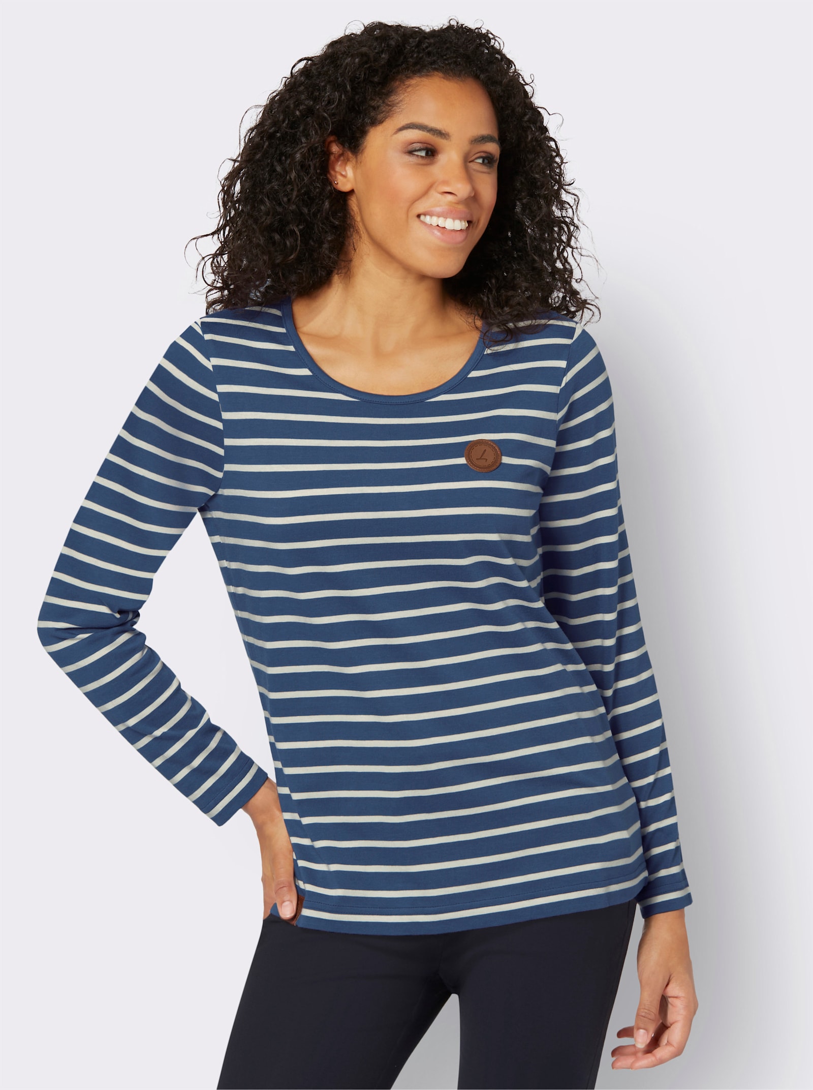 Ringelshirt mit Lederimitat-Patches - jeansblau-ecru-gestreift