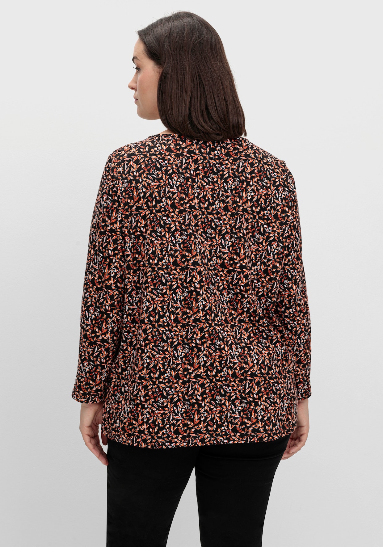 Langarmshirt mit Blüten-Dessin - schwarz-rostrot-bedruckt