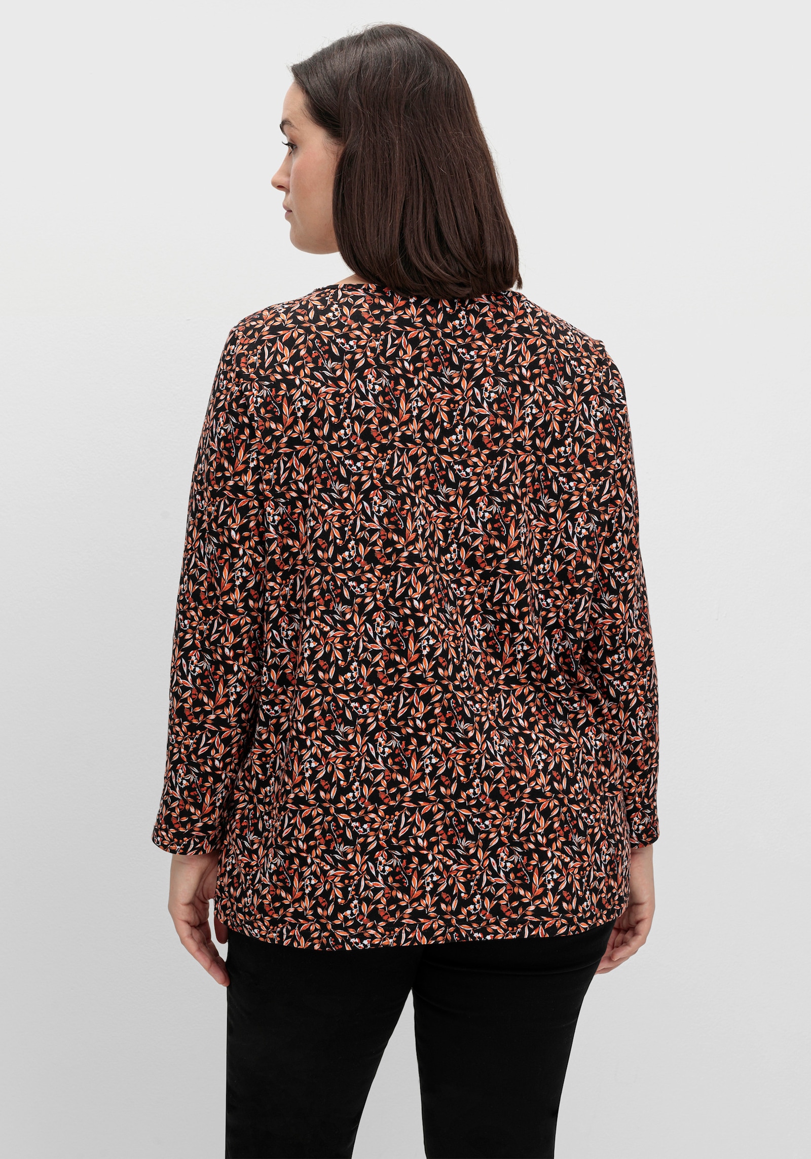 Langarmshirt mit Blüten-Dessin - schwarz-rostrot-bedruckt