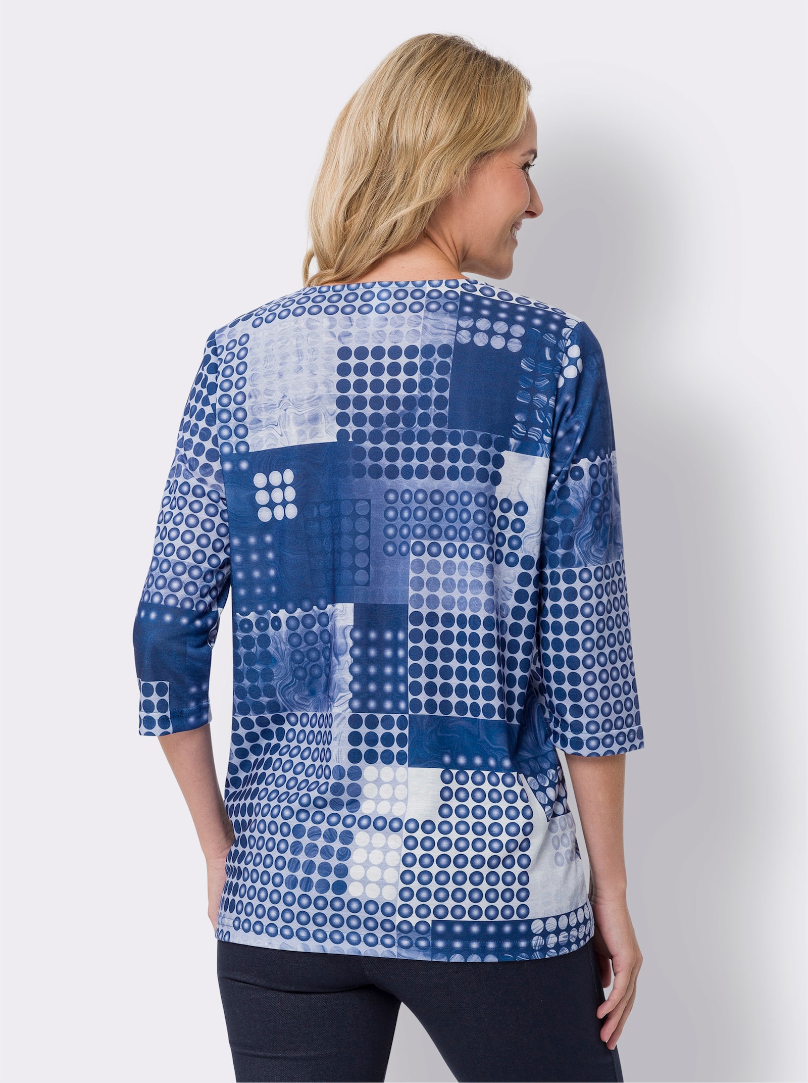 3/4-Arm-Shirt in Longform - taubenblau-marine-bedruckt