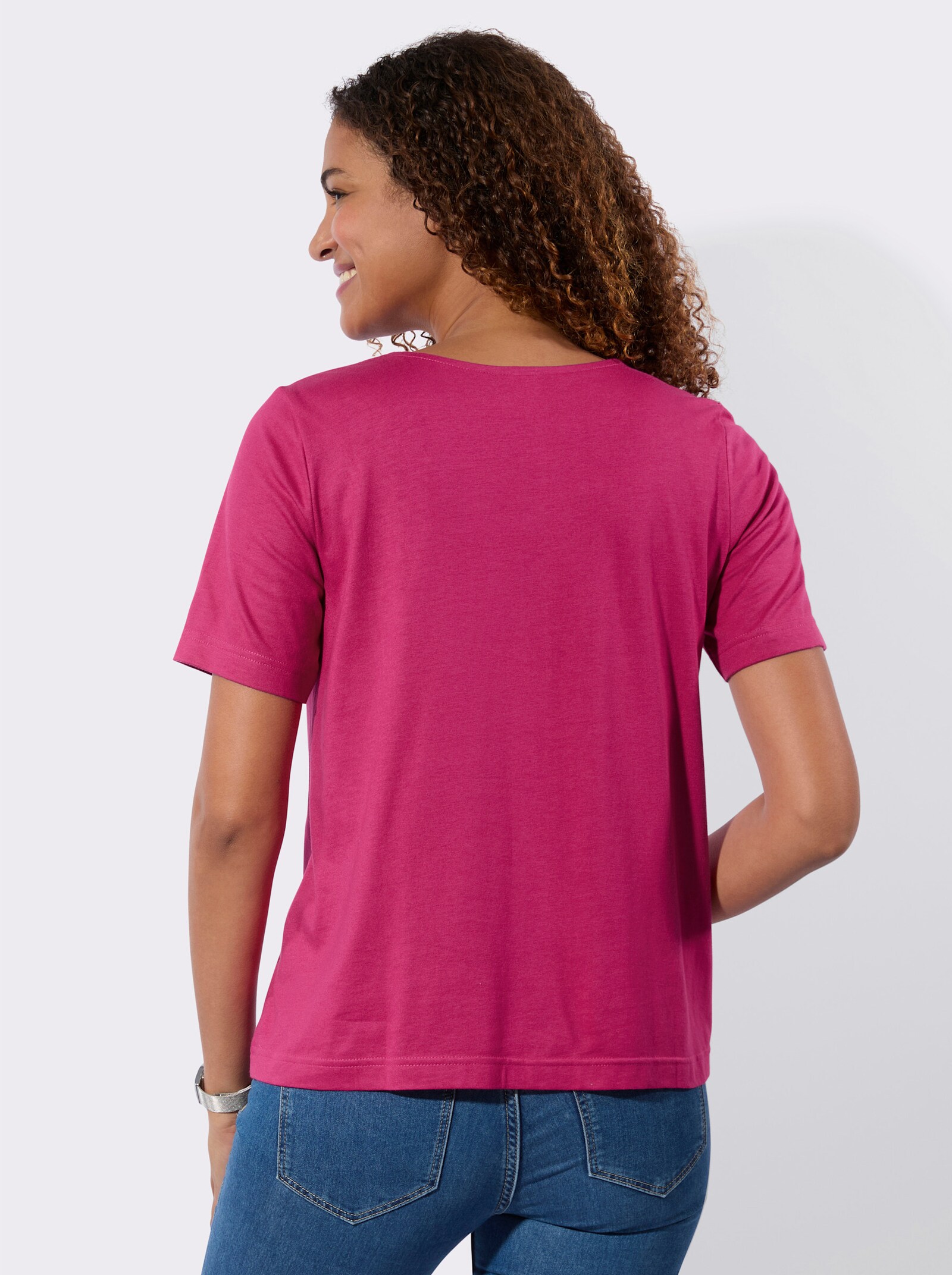 Kurzarmshirt mit Stickerei - fuchsia