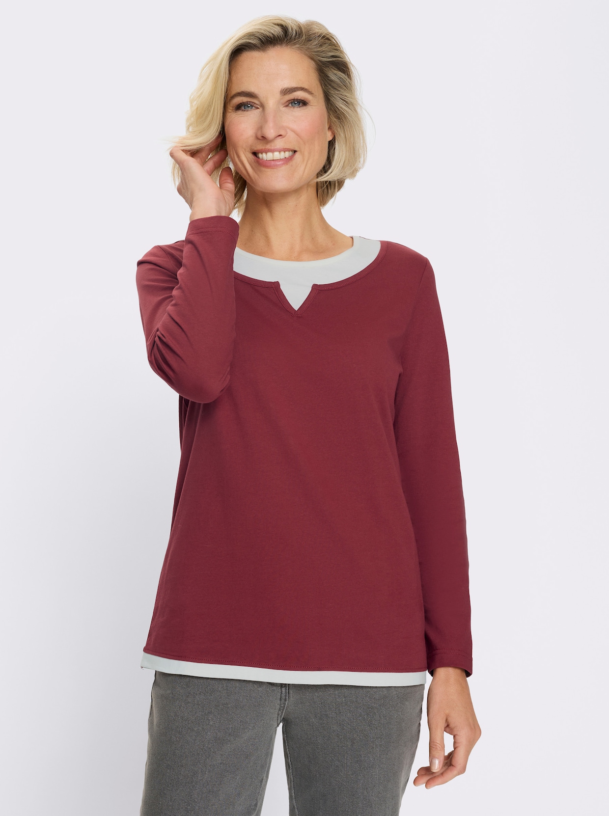 2-in-1-Shirt mit kontrastfarbenen Einsätzen - dunkelrot