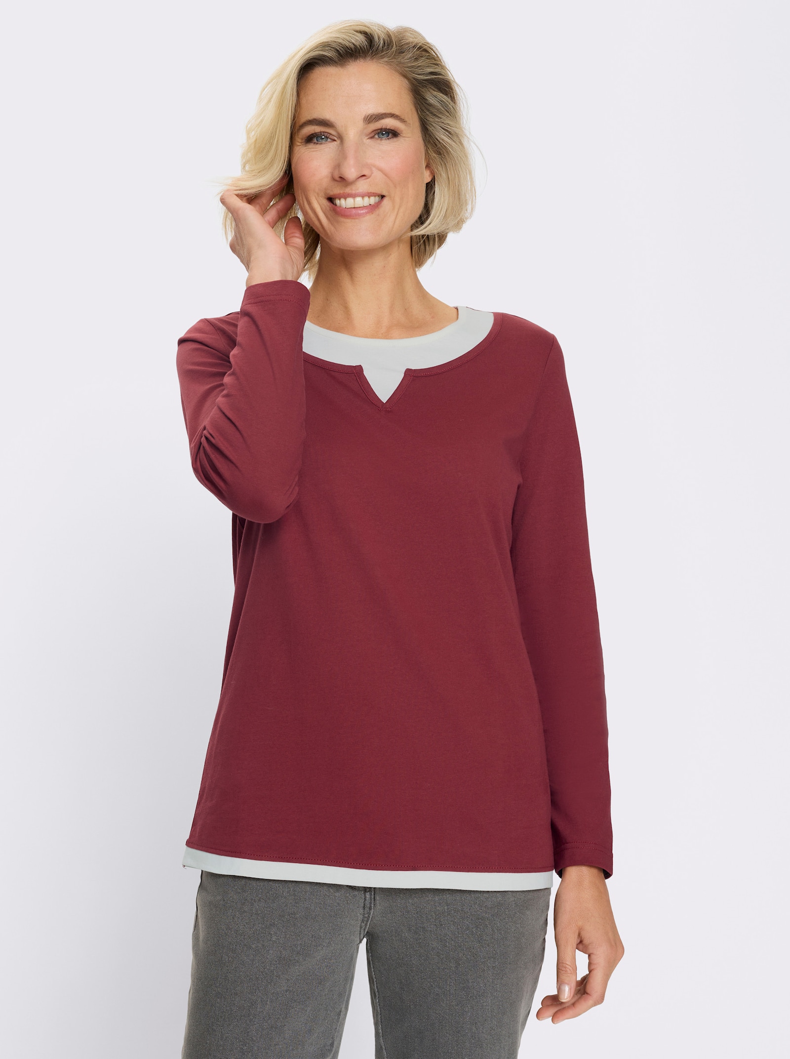 2-in-1-Shirt mit kontrastfarbenen Einsätzen - dunkelrot