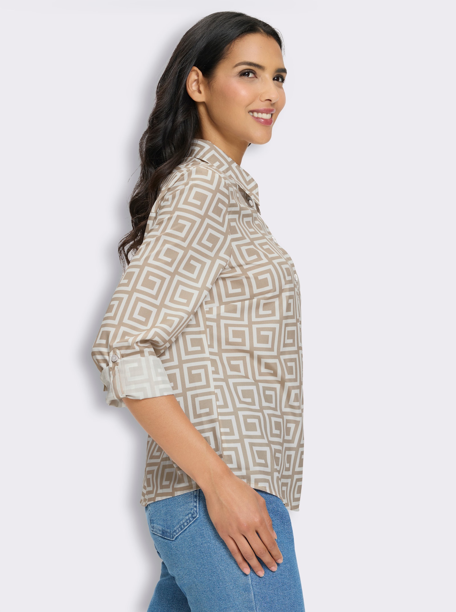 Langarmbluse mit Schulterpasse - ecru-beige-bedruckt