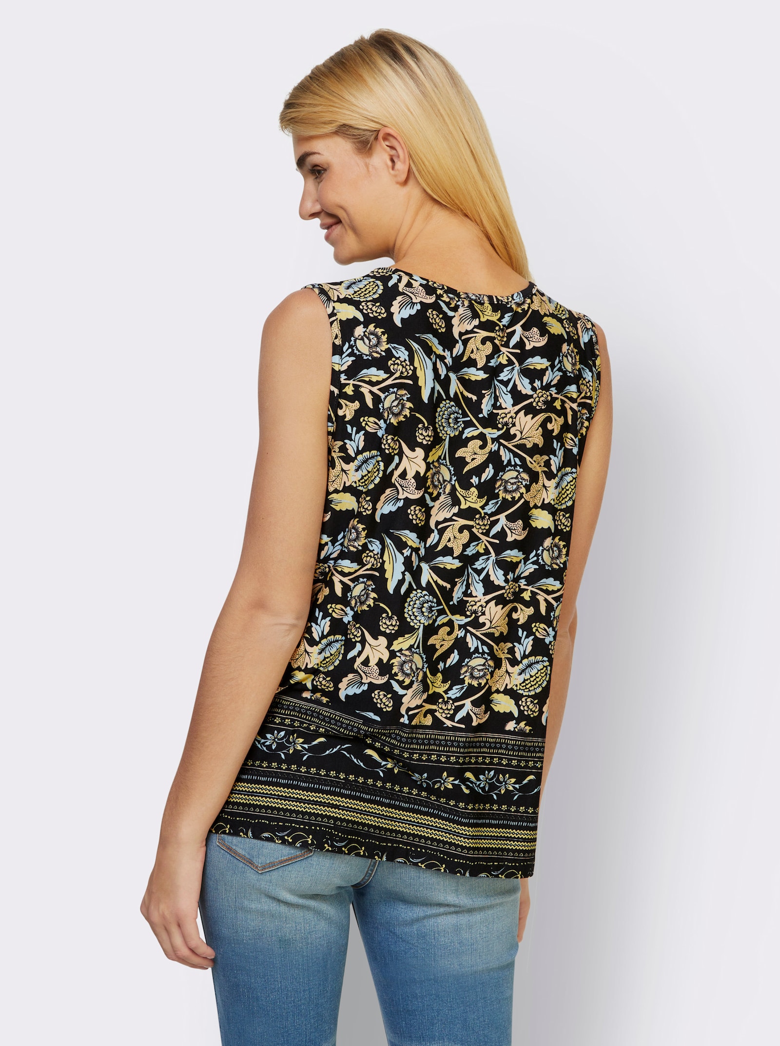 heine Shirttop met sierrand - zwart/citroen bedrukt