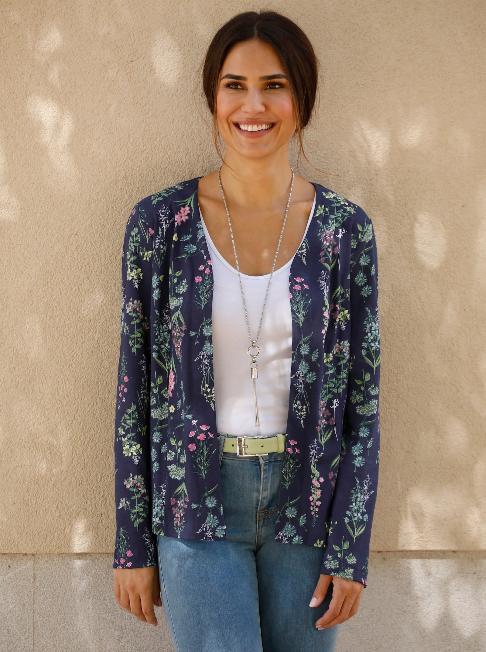 Shirtjasje zonder sluiting - marine/oudroze gedessineerd