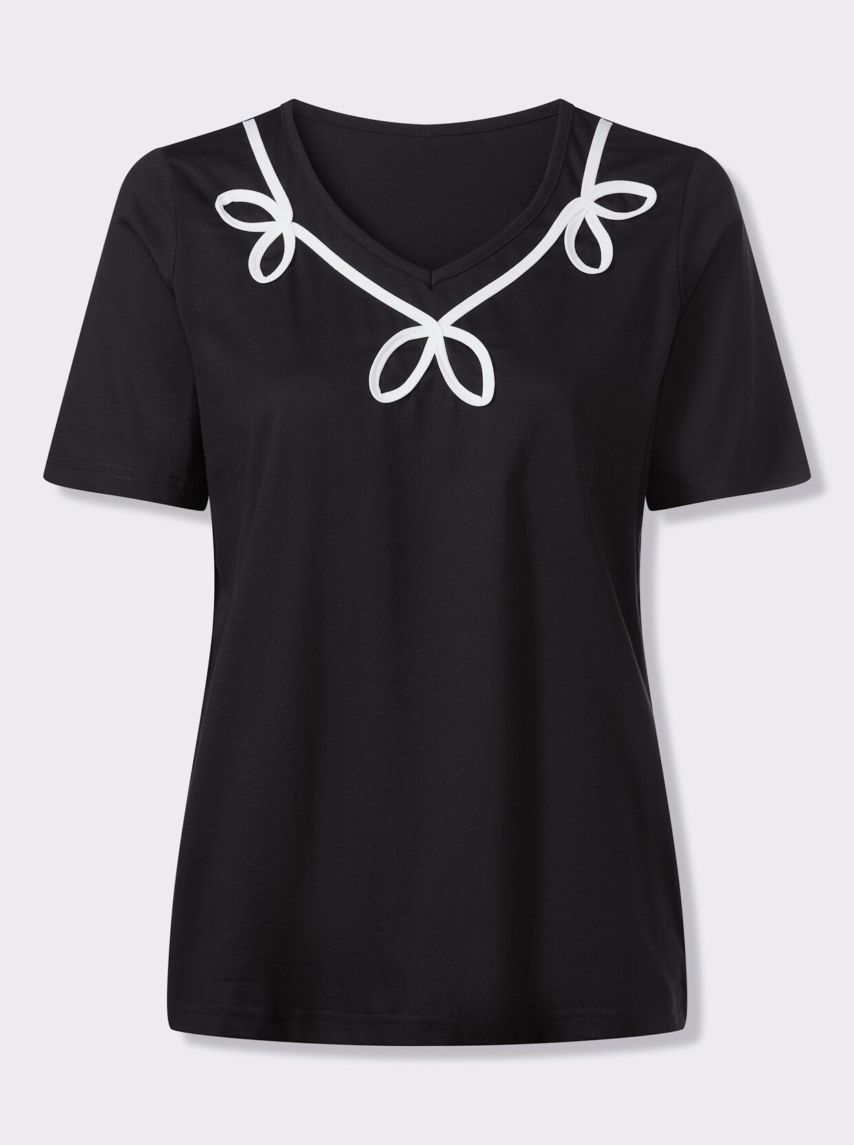 Rundhalsshirt mit Kontrast-Paspel am Ausschnitt - schwarz