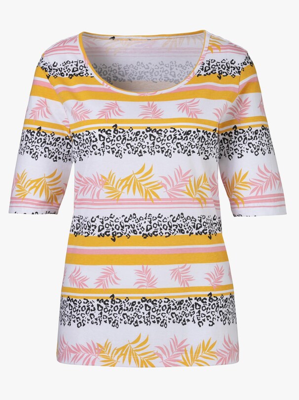 Vrijetijdsshirt - wit/oker/flamingo gedessineerd