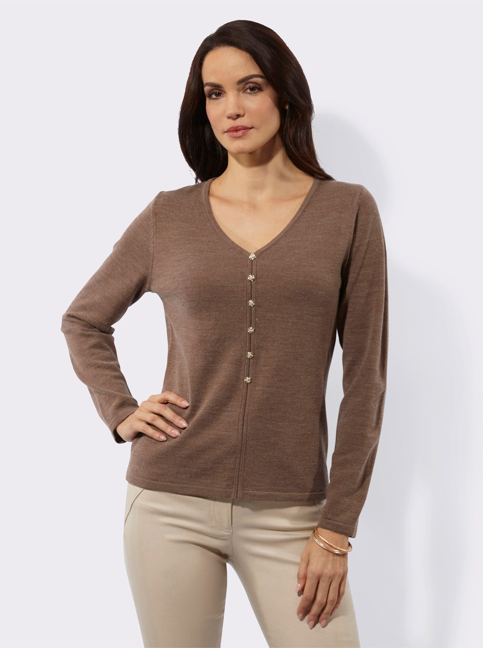 Langarm-Pullover mit Zierknopf-Leiste - braun