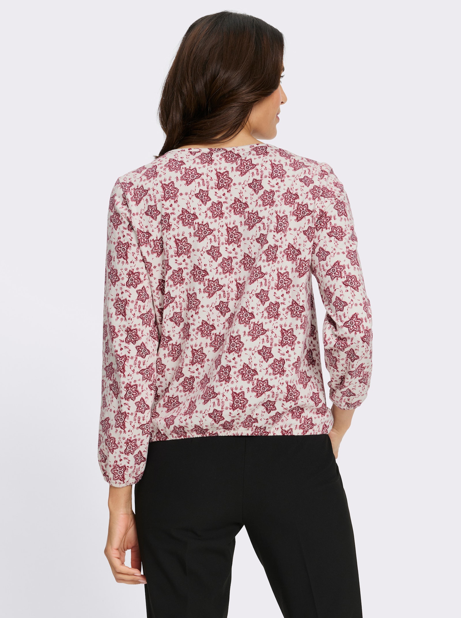 Print-Shirt mit kleinem V - champagner-dunkelrot-bedruckt