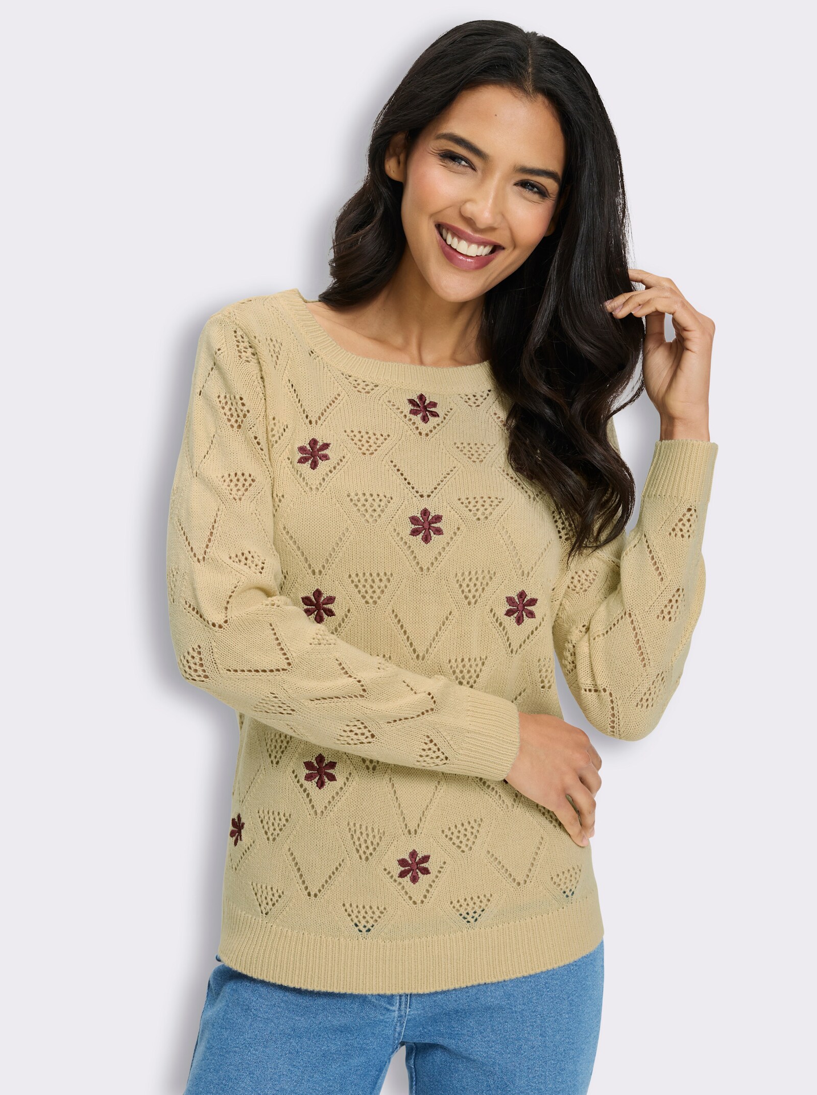Ajourpullover mit Blumenstickerei - sand-bordeaux-gemustert