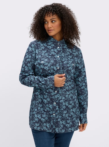 sheego by Joe Browns Druckbluse aus Cord, mit Rüschen-Details - dunkelblau-aquamarin-gemustert