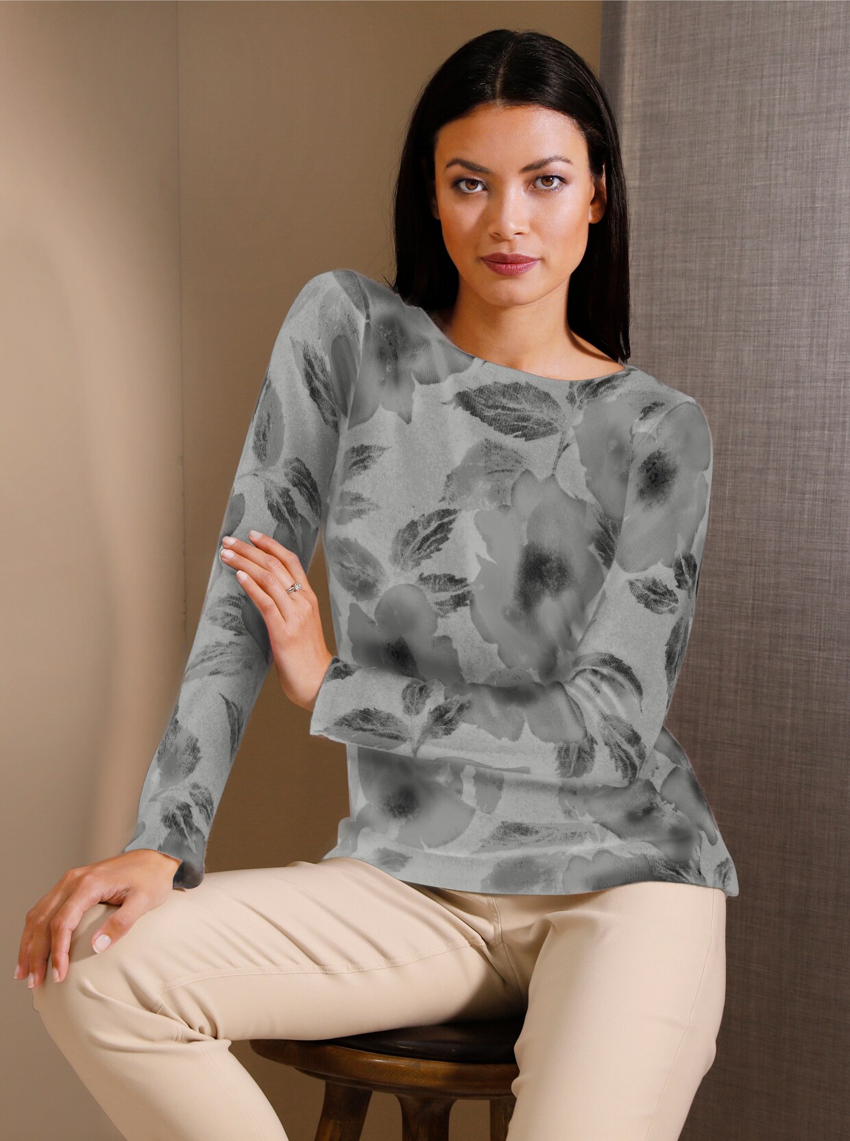 Creation L Premium Kaschmir-Pullover - hellgrau-graphit-bedruckt