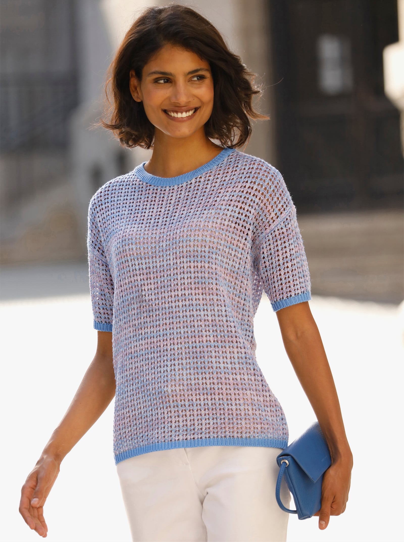 Pullover met korte mouwen en hoekige snit - hemelsblauw gemêleerd