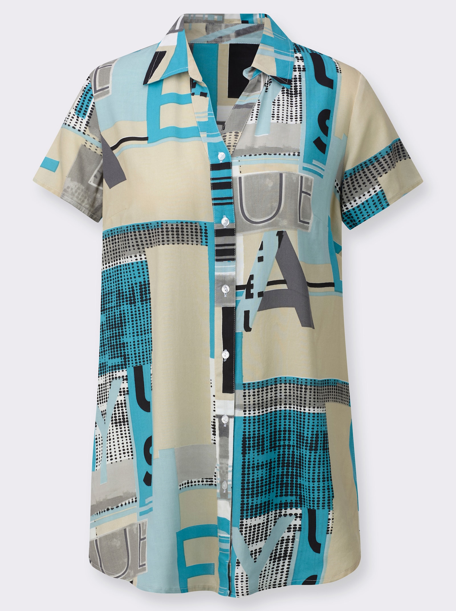 Longbluse in grafischem Dessin - türkis-sand-bedruckt