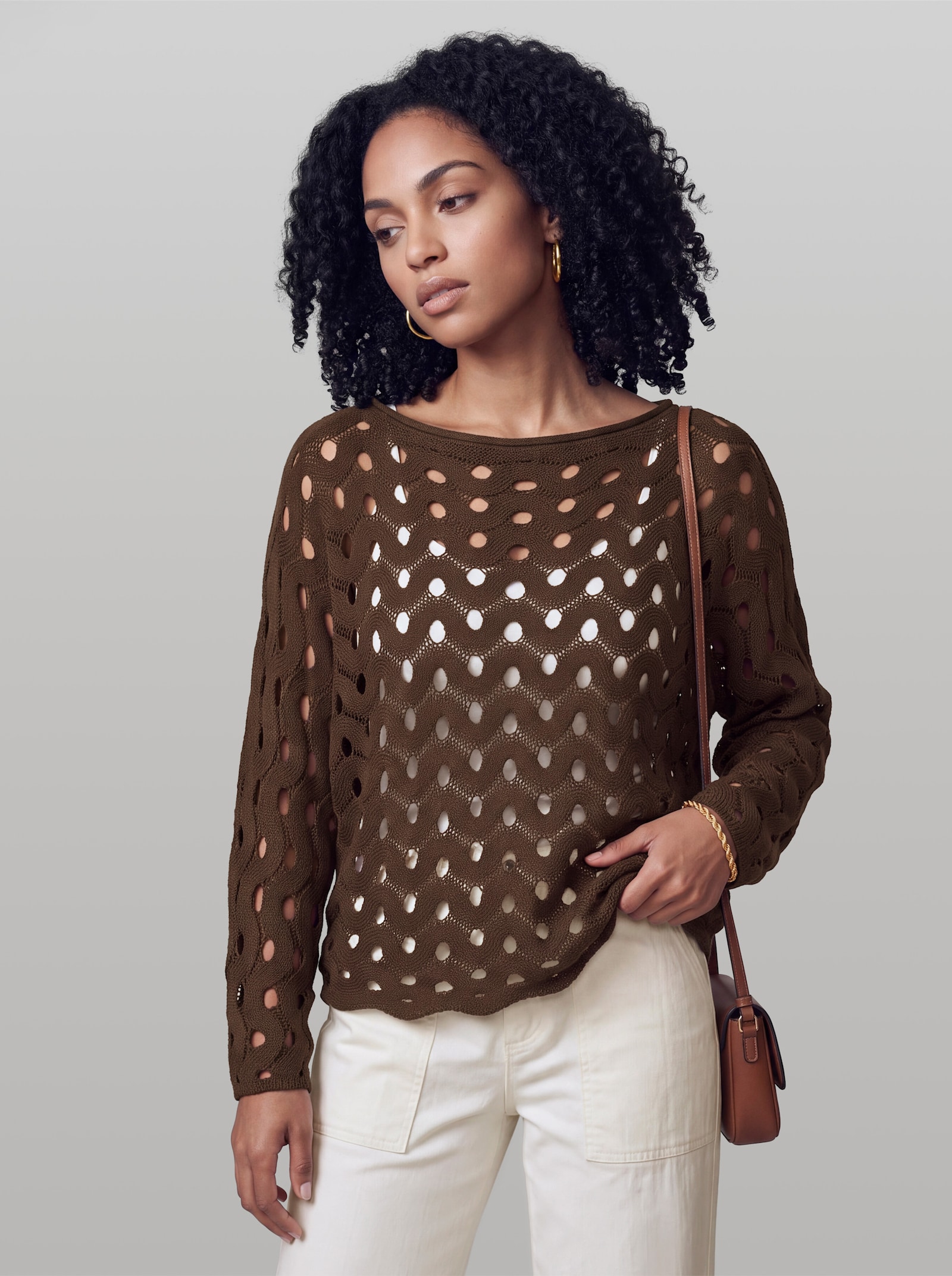 heine Ajourpullover mit Wellenmuster - schoko