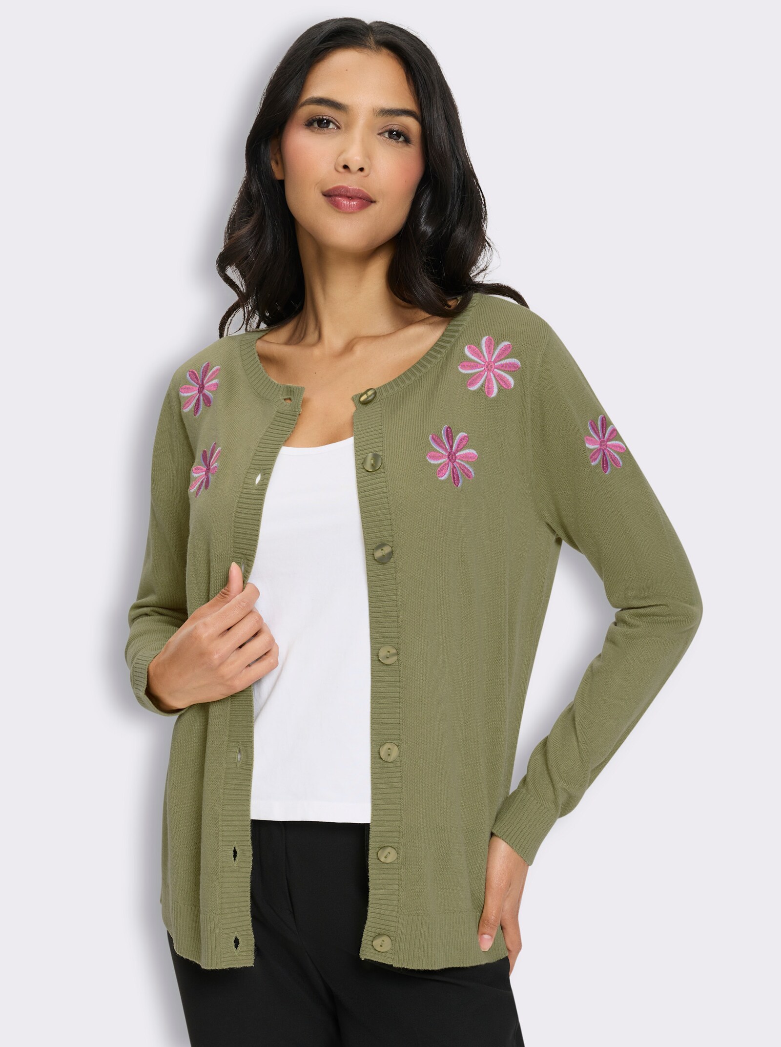 Strickjacke mit Blütenstickerei - schilf-mauve-gemustert