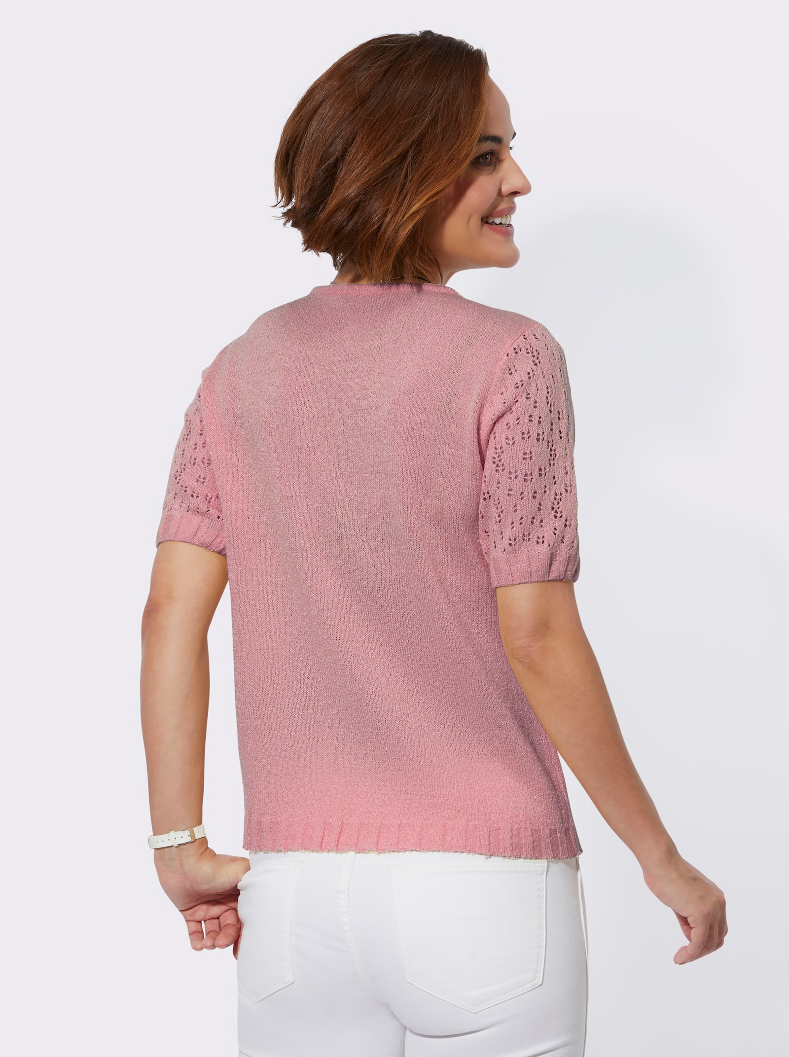 Bouclé-Pullover mit Ajourmuster-Ärmeln - altrosa