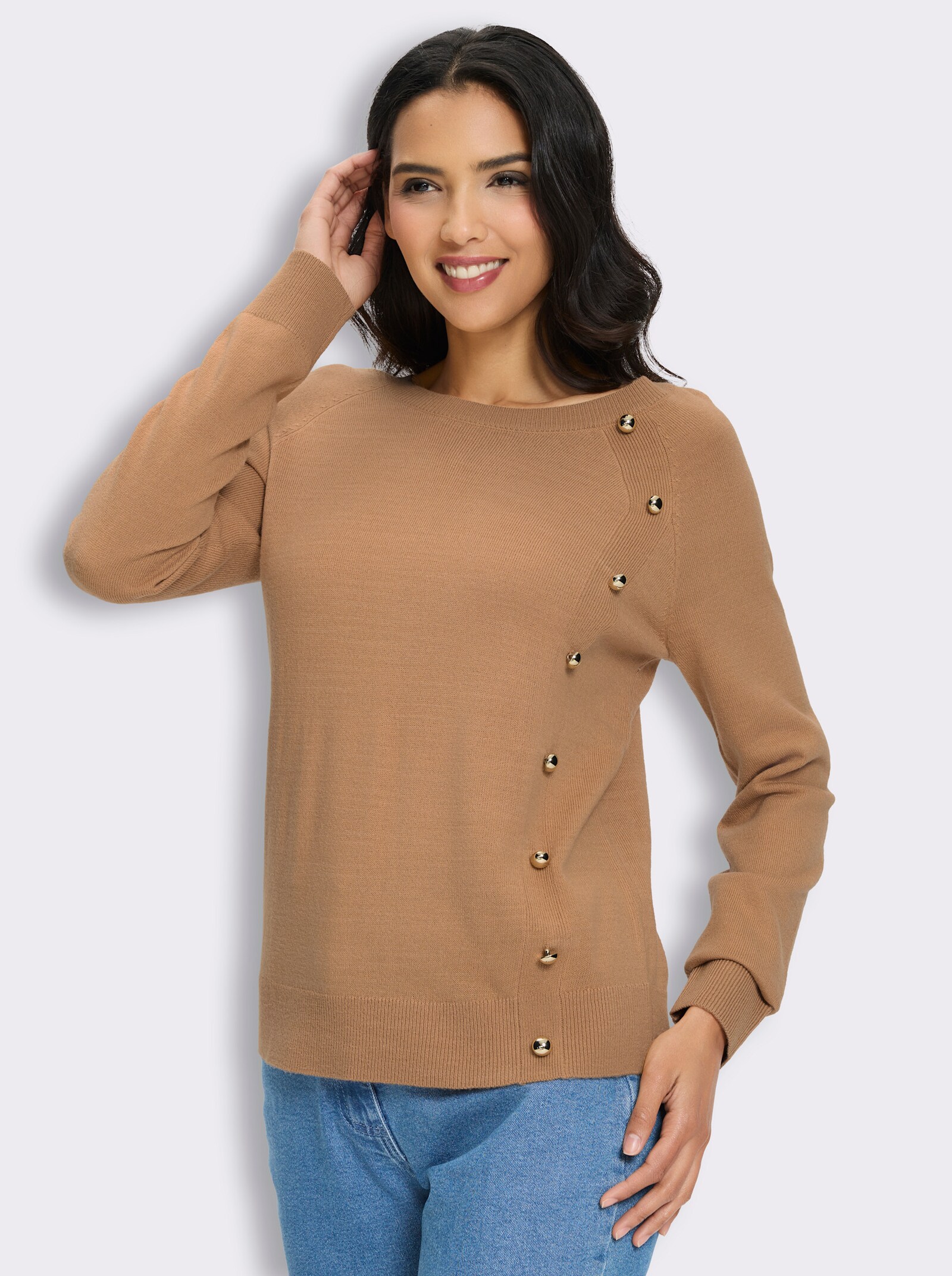 Langarm-Pullover mit Zierknöpfen - camel