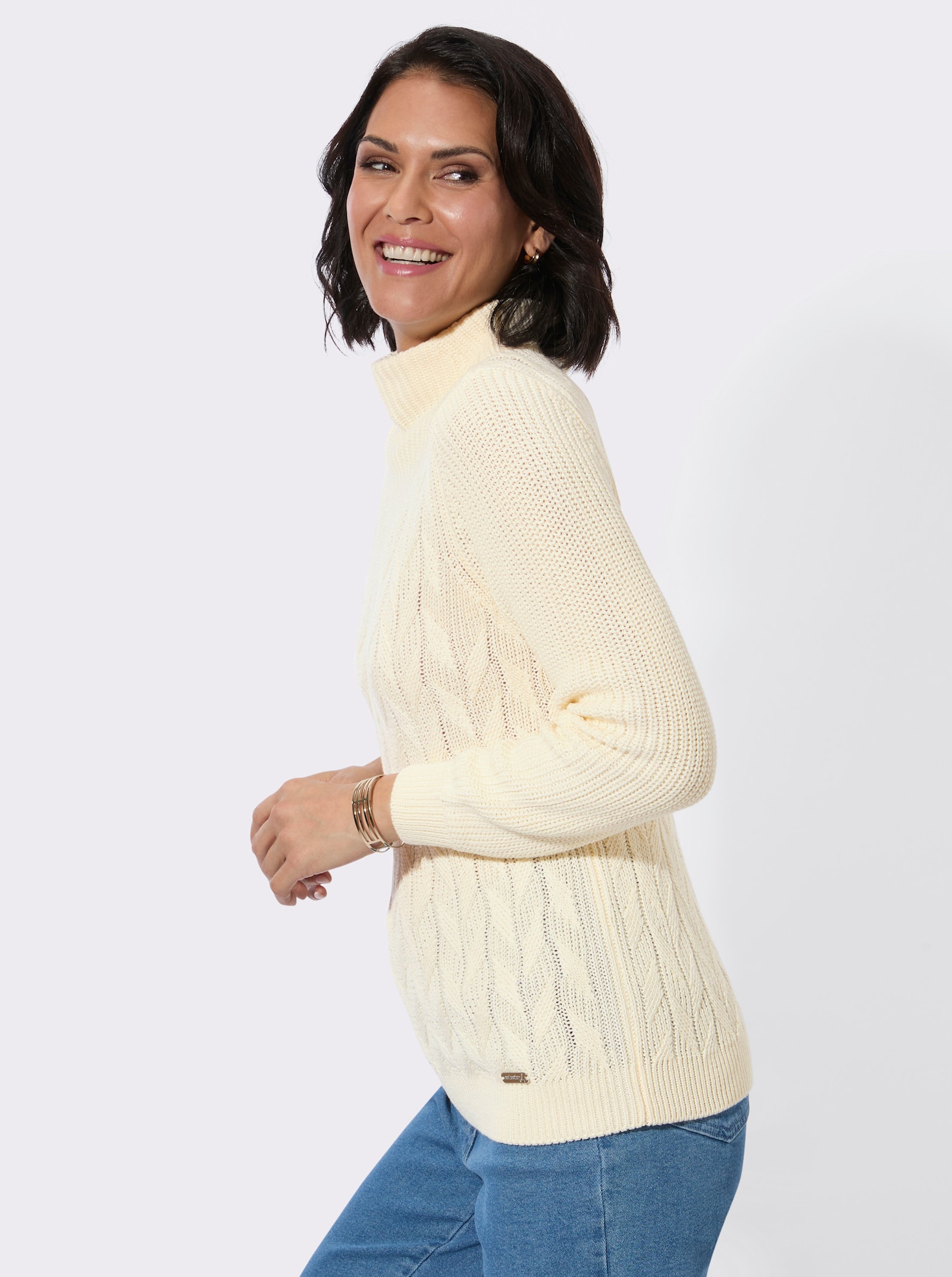 Langarm-Pullover mit Zopfmuster - champagner
