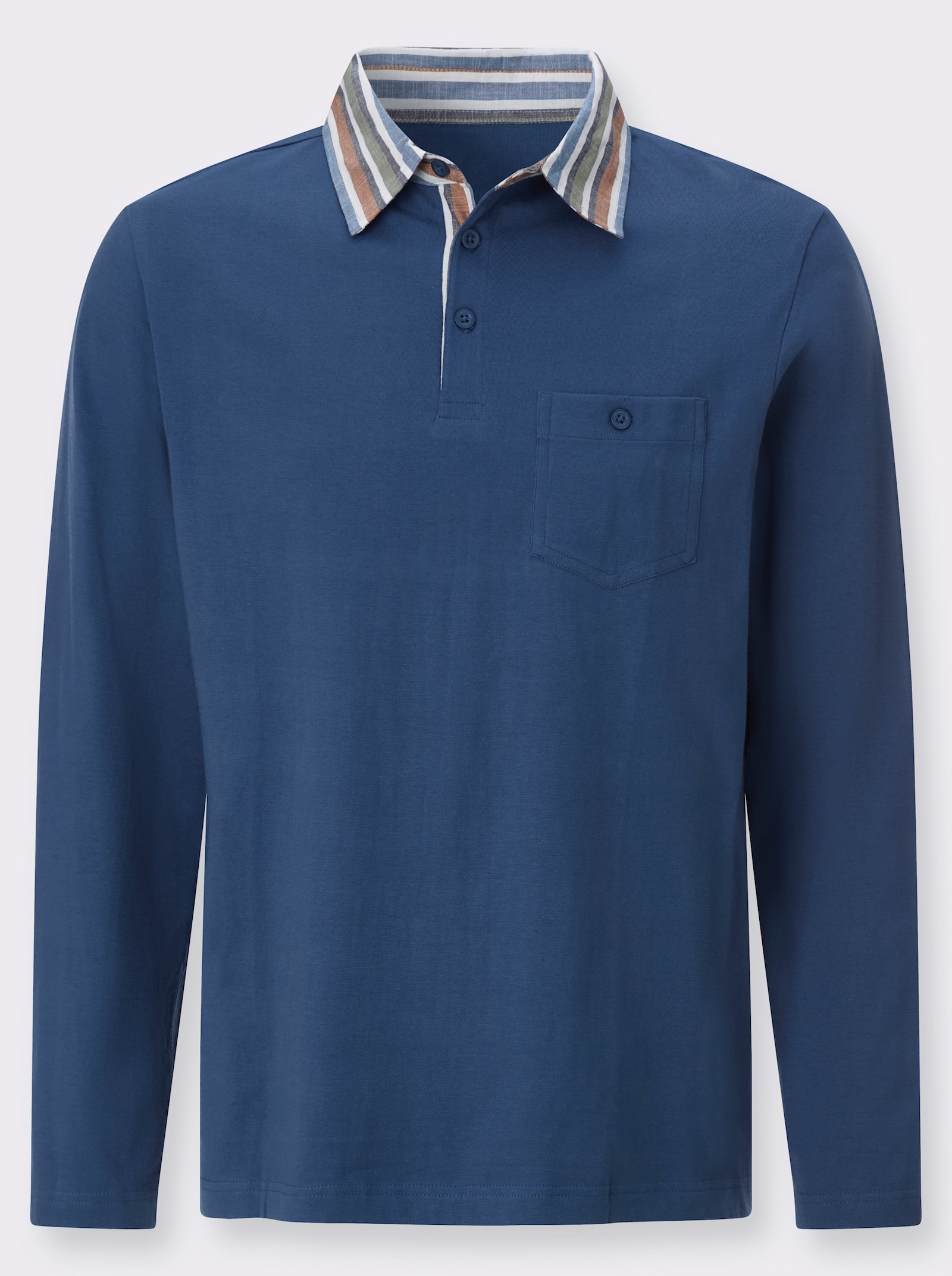 Langarm-Poloshirt mit gewebtem Kragen - jeansblau