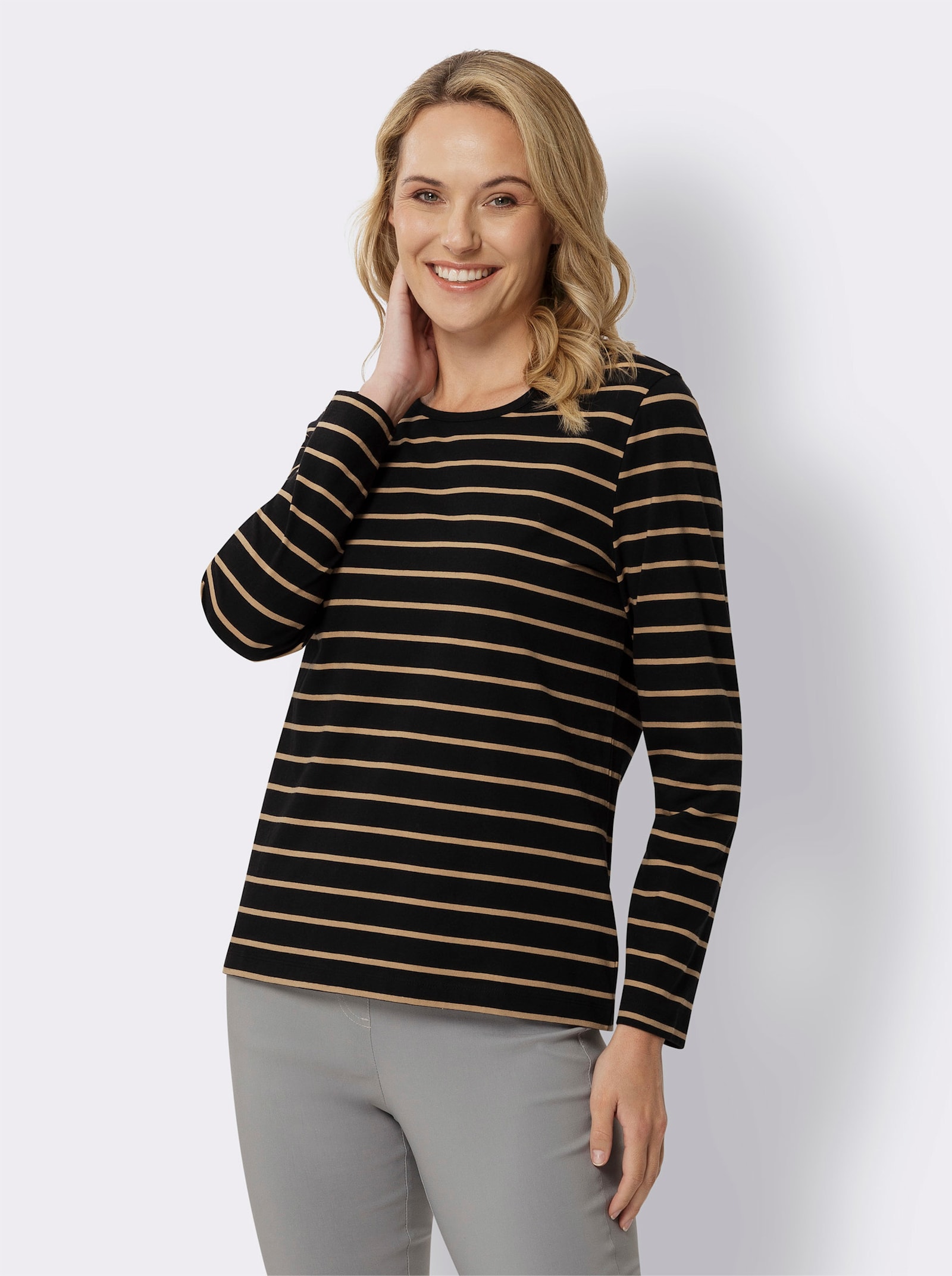 Langarmshirt mit garngefärbtem Muster - camel-schwarz-geringelt