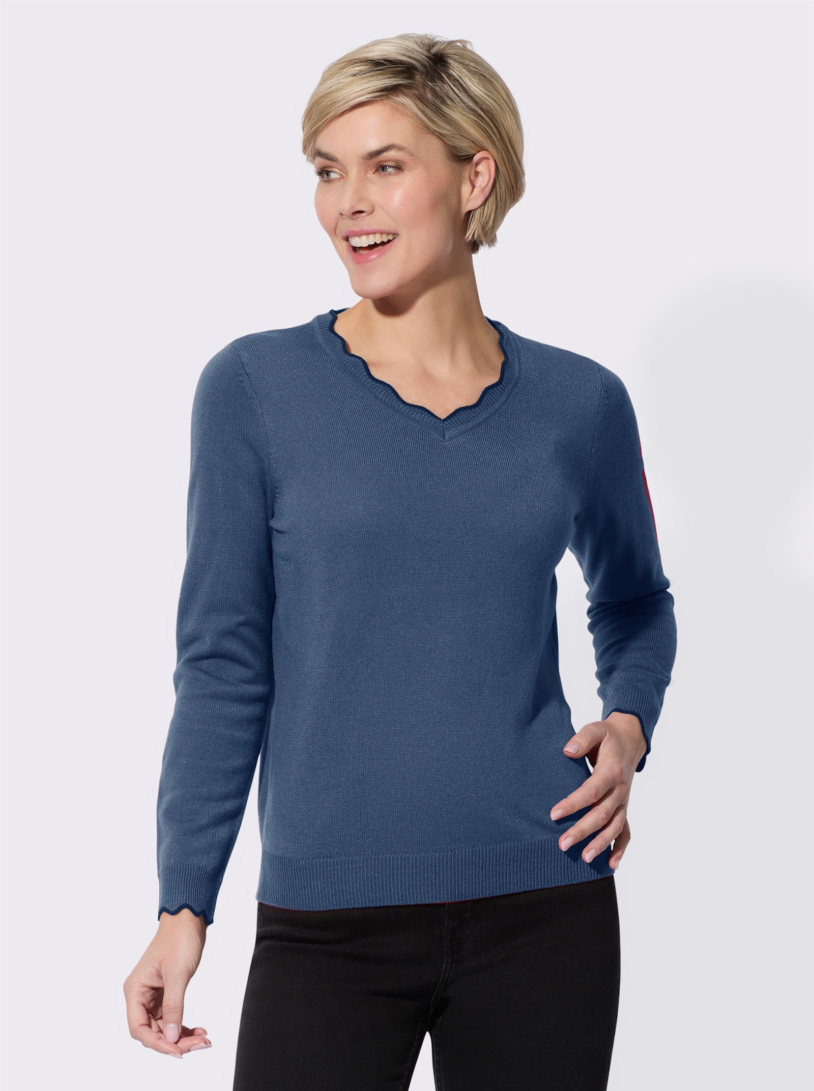 V-Ausschnitt-Pullover mit gewelltem Abschluss - jeansblau