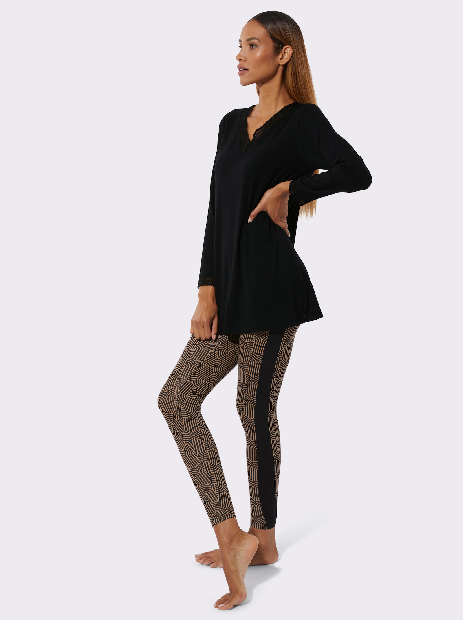 wäschepur Pyjama - zwart/camel bedrukt