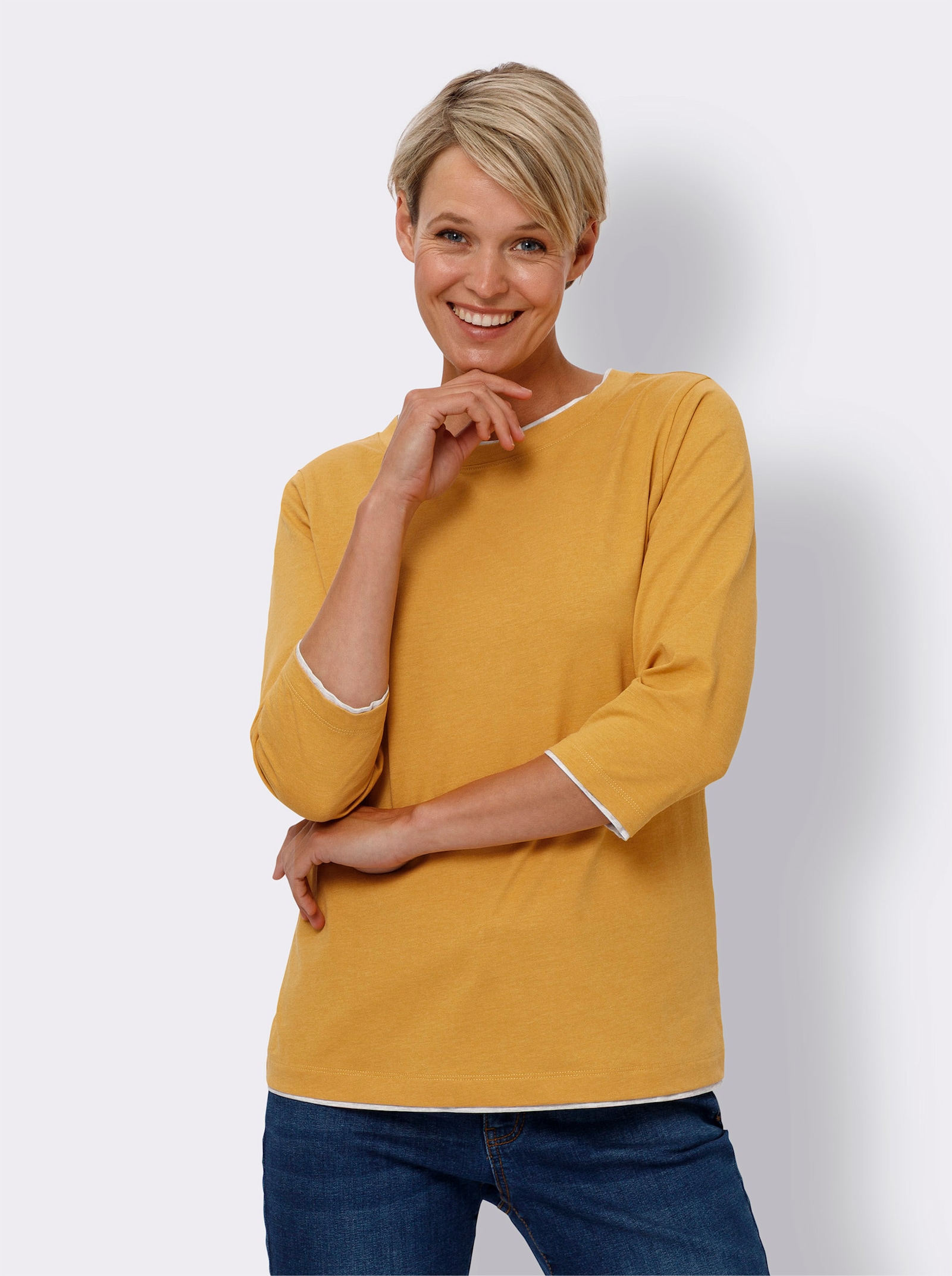 3/4-Arm-Shirt mit Kontrast-Blenden - ocker-ecru-meliert