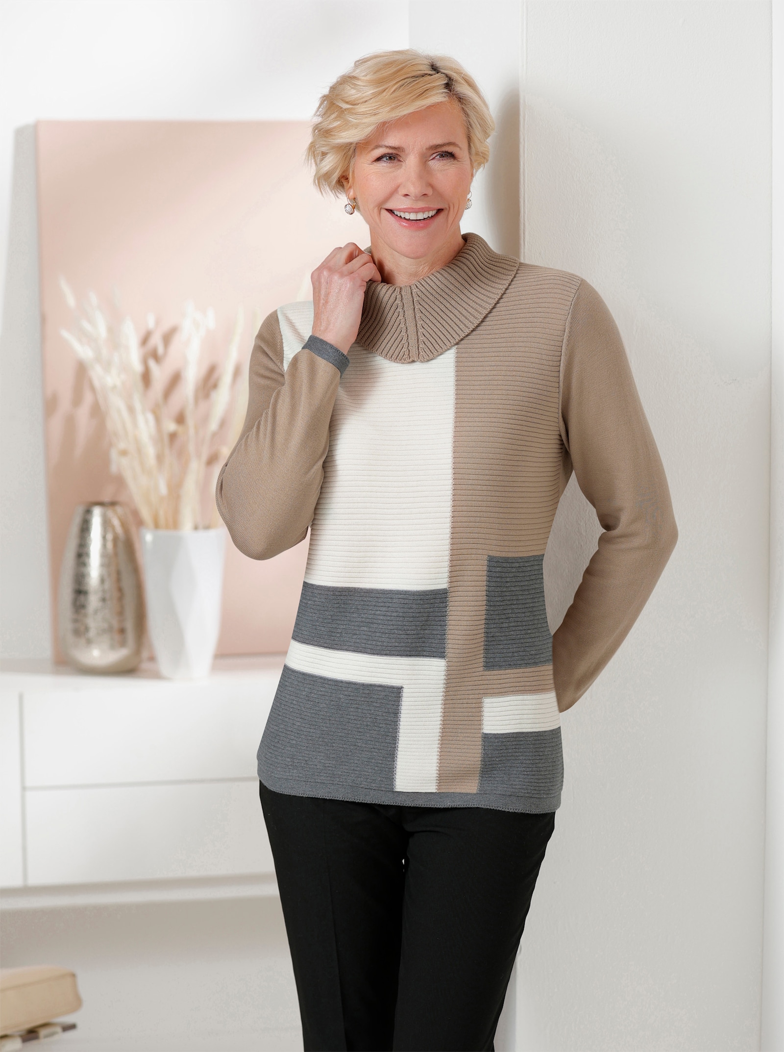 Rollkragenpullover mit halsfernem Rollkragen - sesam-grau-gemustert