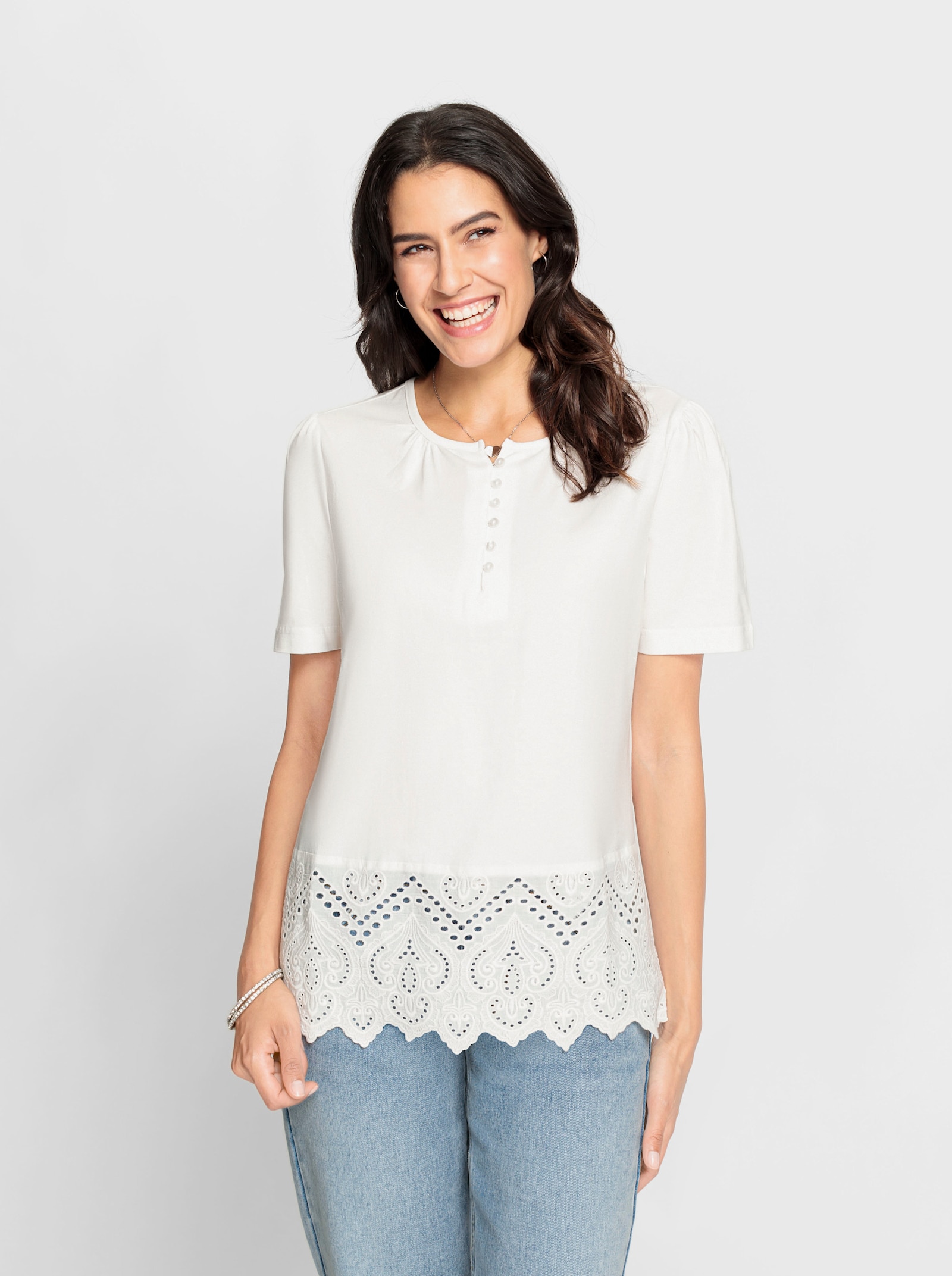 Spitzenshirt mit Lochstickerei - ecru