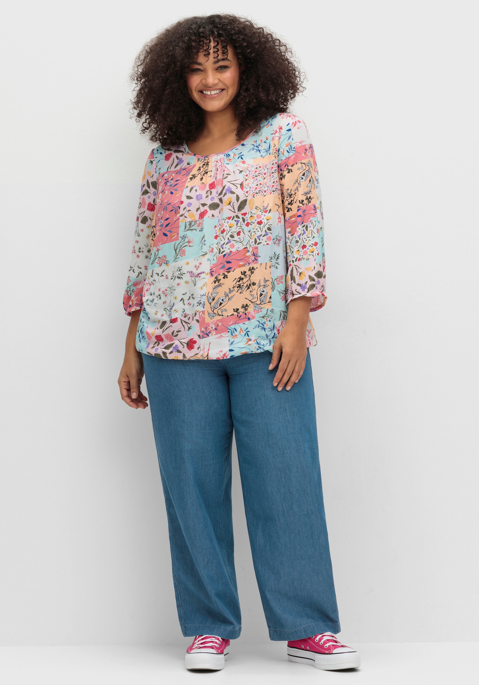 Schlupfbluse im floralen Muster - mint-rosé-bedruckt