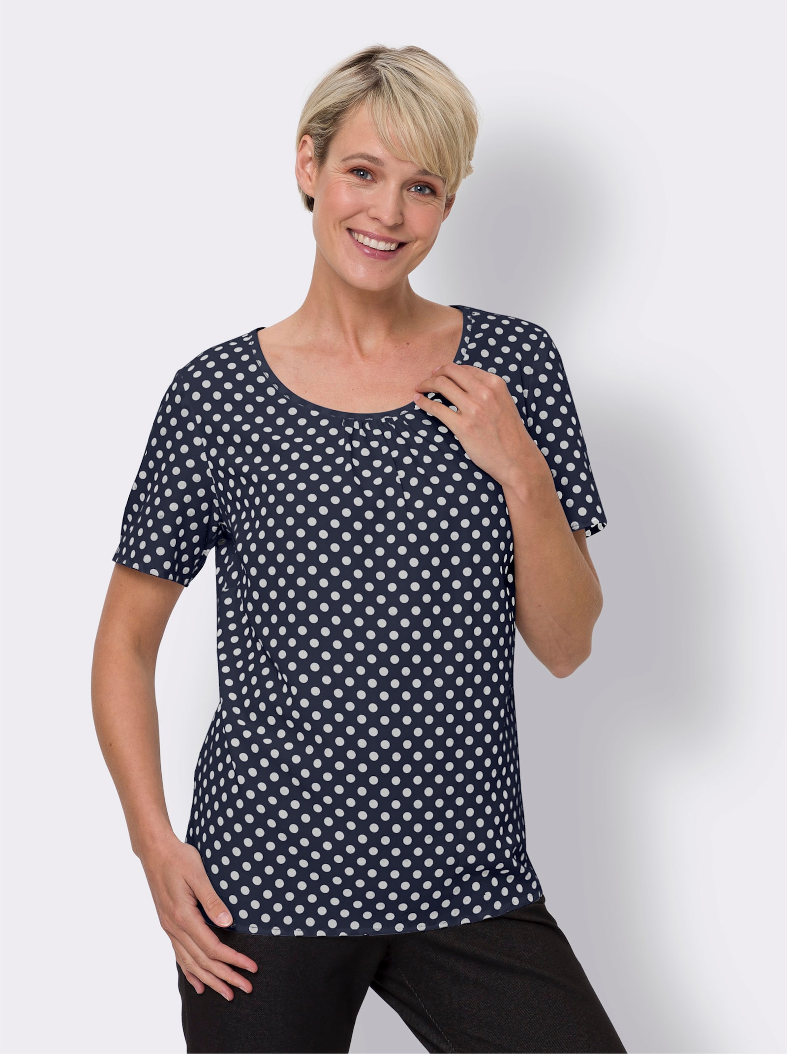 Schlupfbluse mit Raffung, gepunktet - marine-weiß-getupft