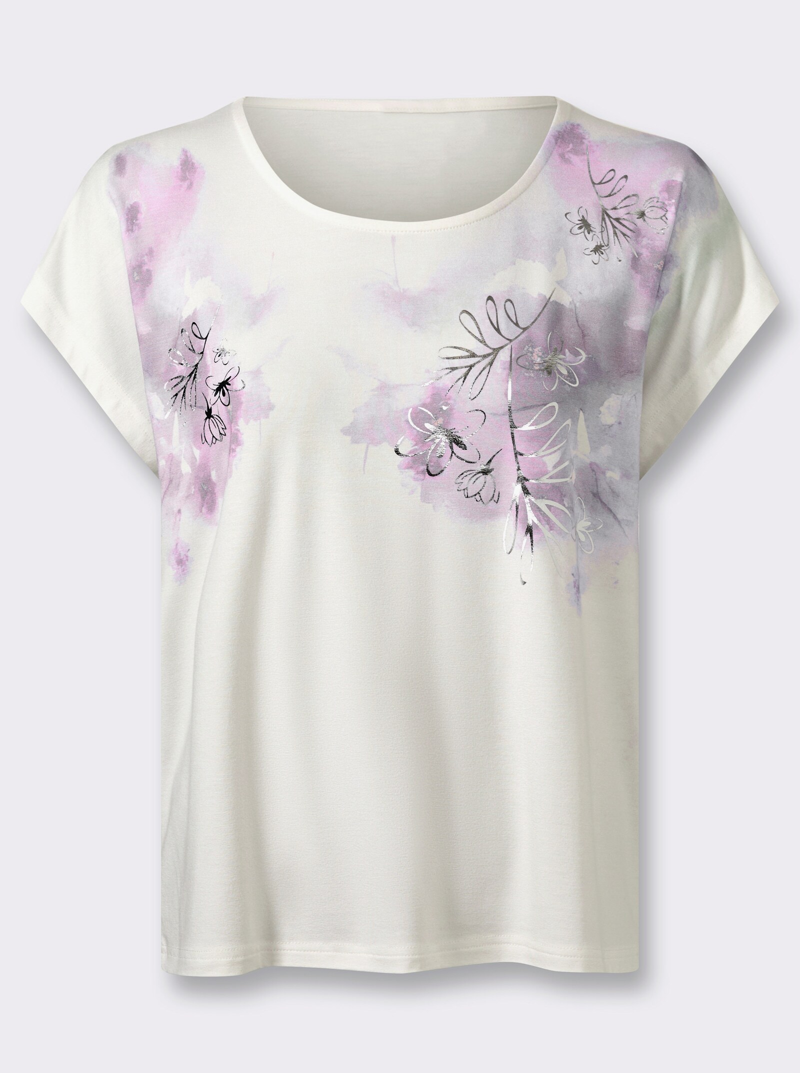 Kurzarmshirt mit siberfarbenem Folienprint - ecru-malve-bedruckt