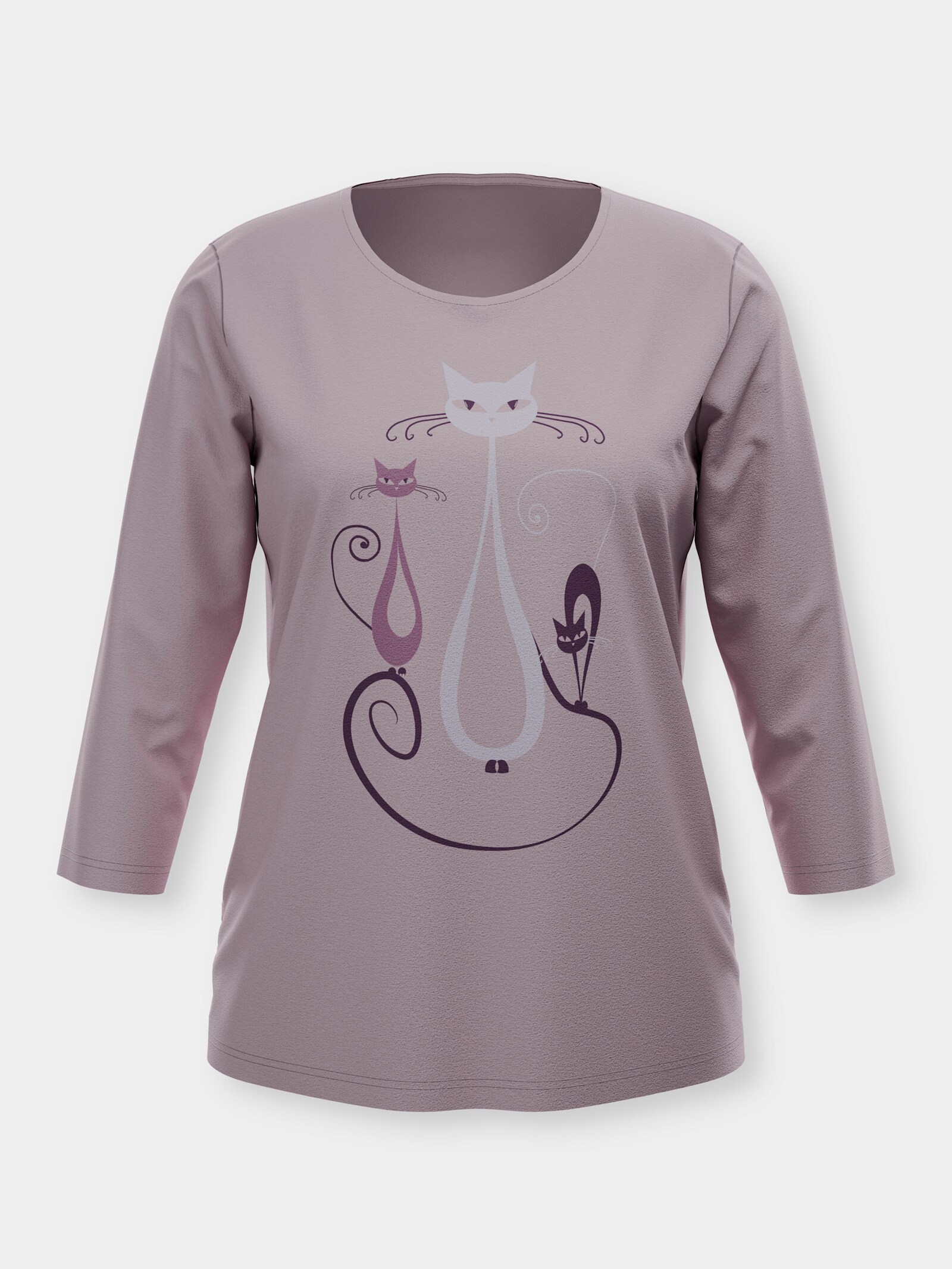 3/4-Arm-Shirt mit Katzen-Druck - mauve-traube-bedruckt