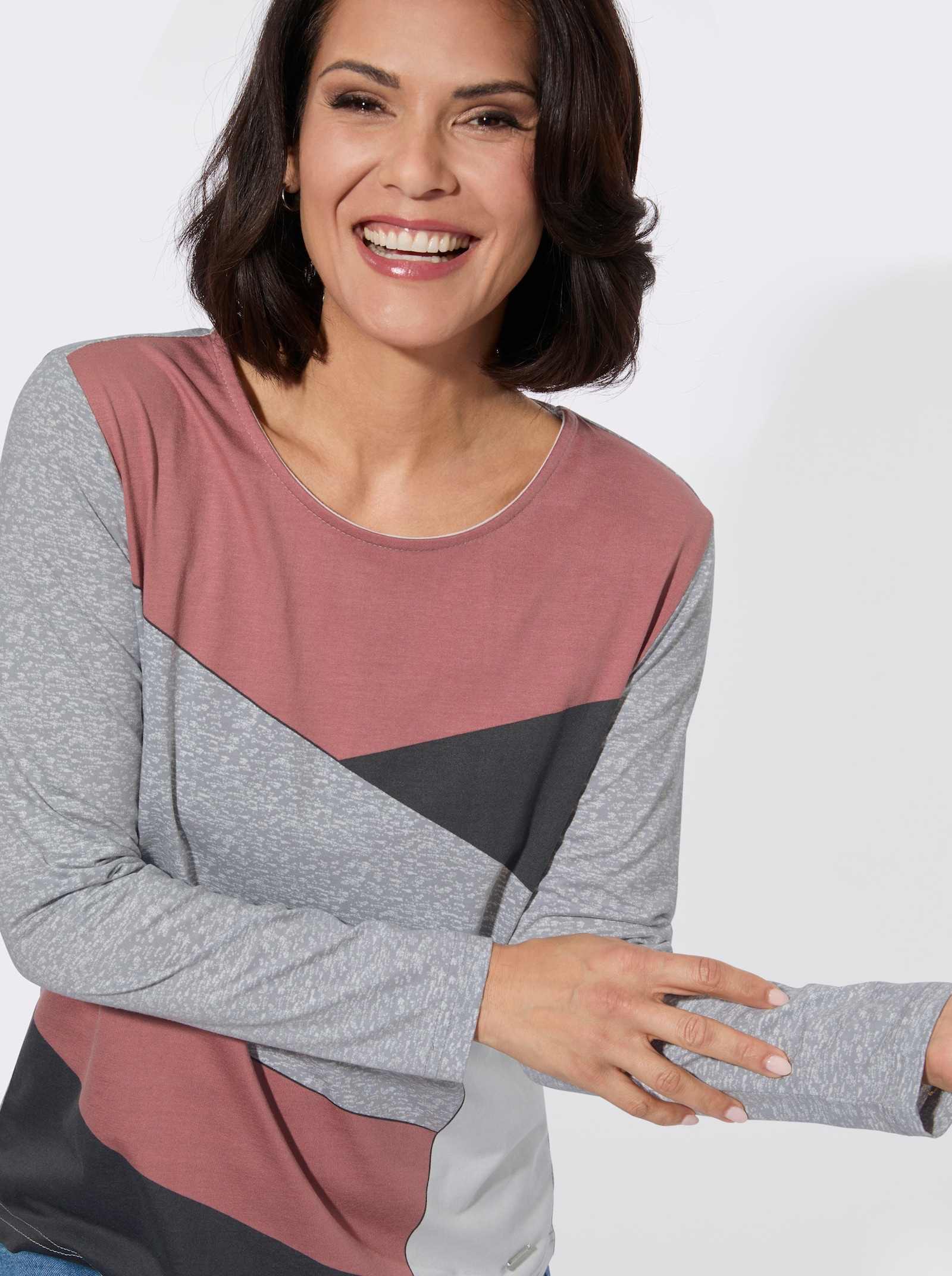 Langarmshirt im Baumwoll-Modal-Mix - steingrau-rosenholz-bedruckt