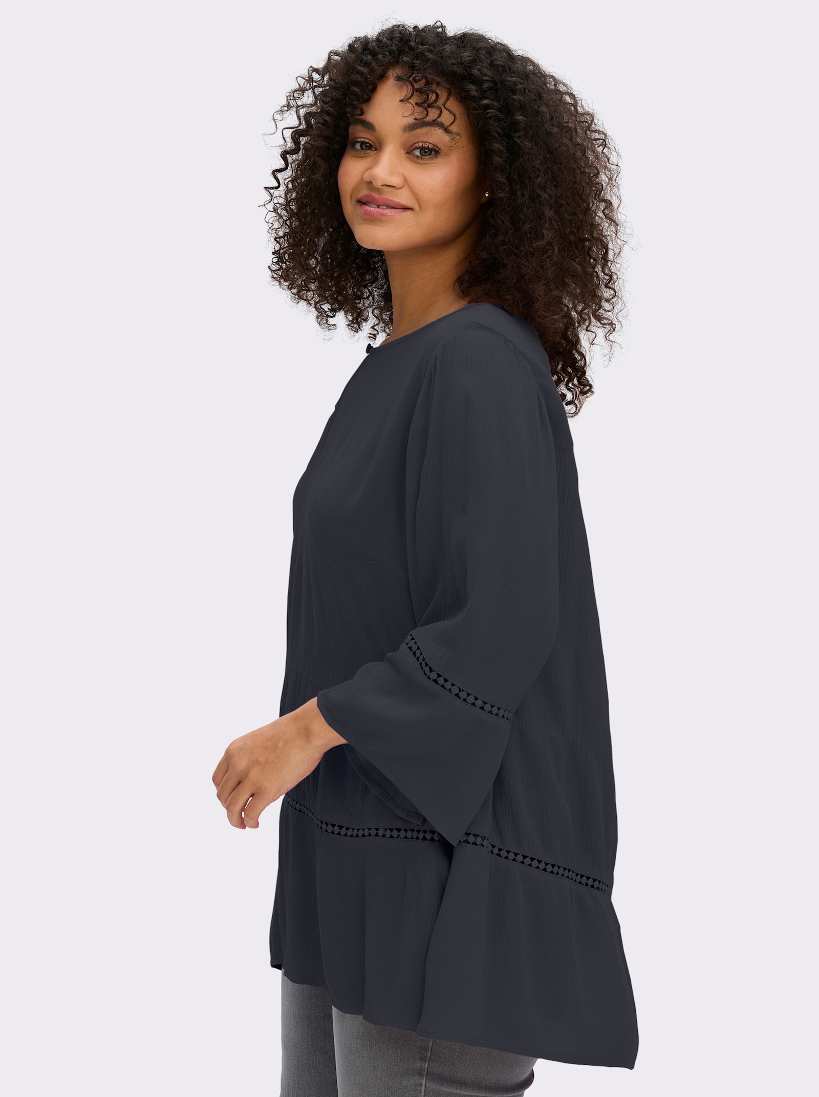 sheego Tunika mit 3/4-Arm und Lochmusterborte - tiefblau