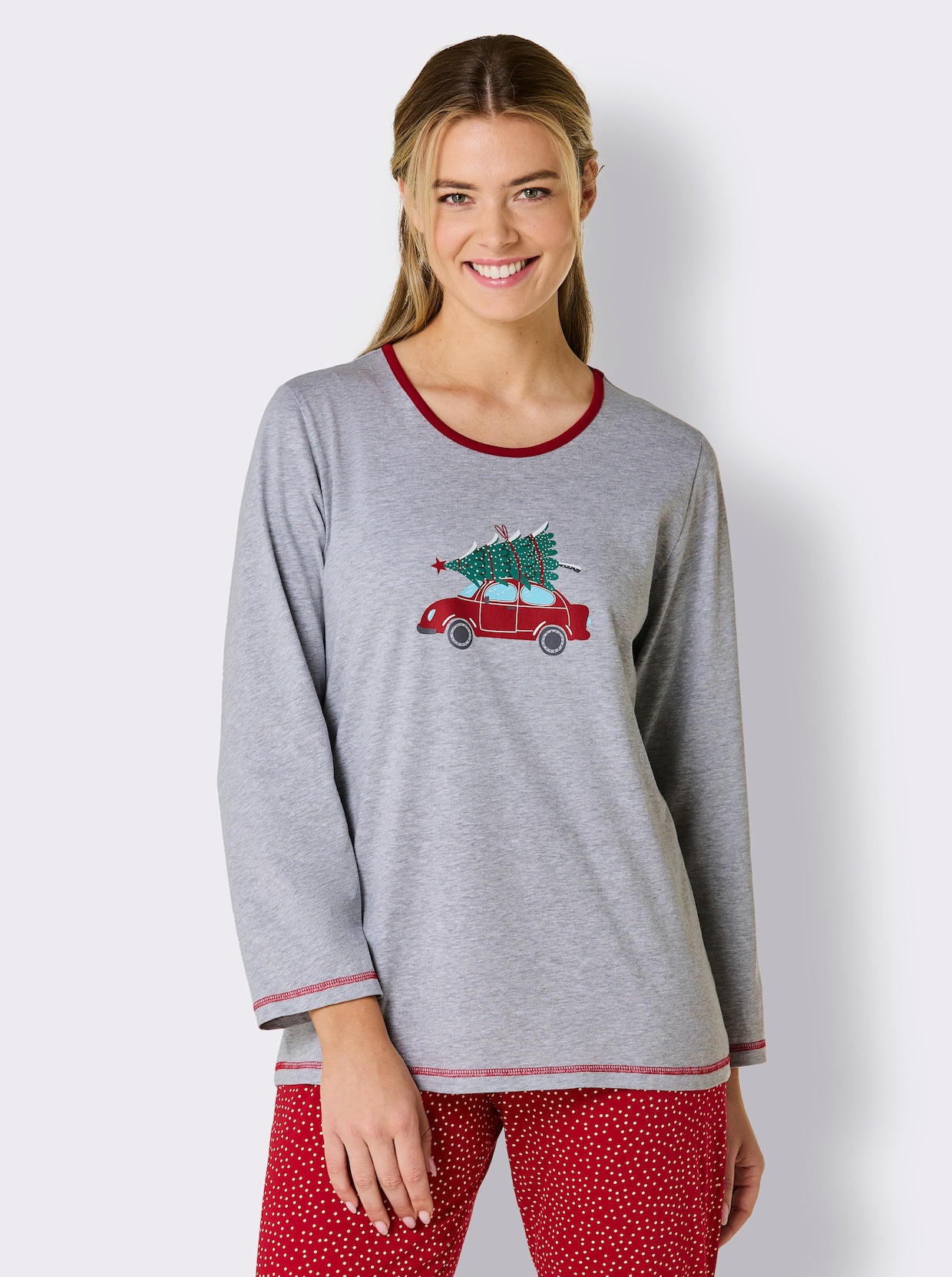 Comtessa Pyjamashirt - grijs gemêleerd/rood