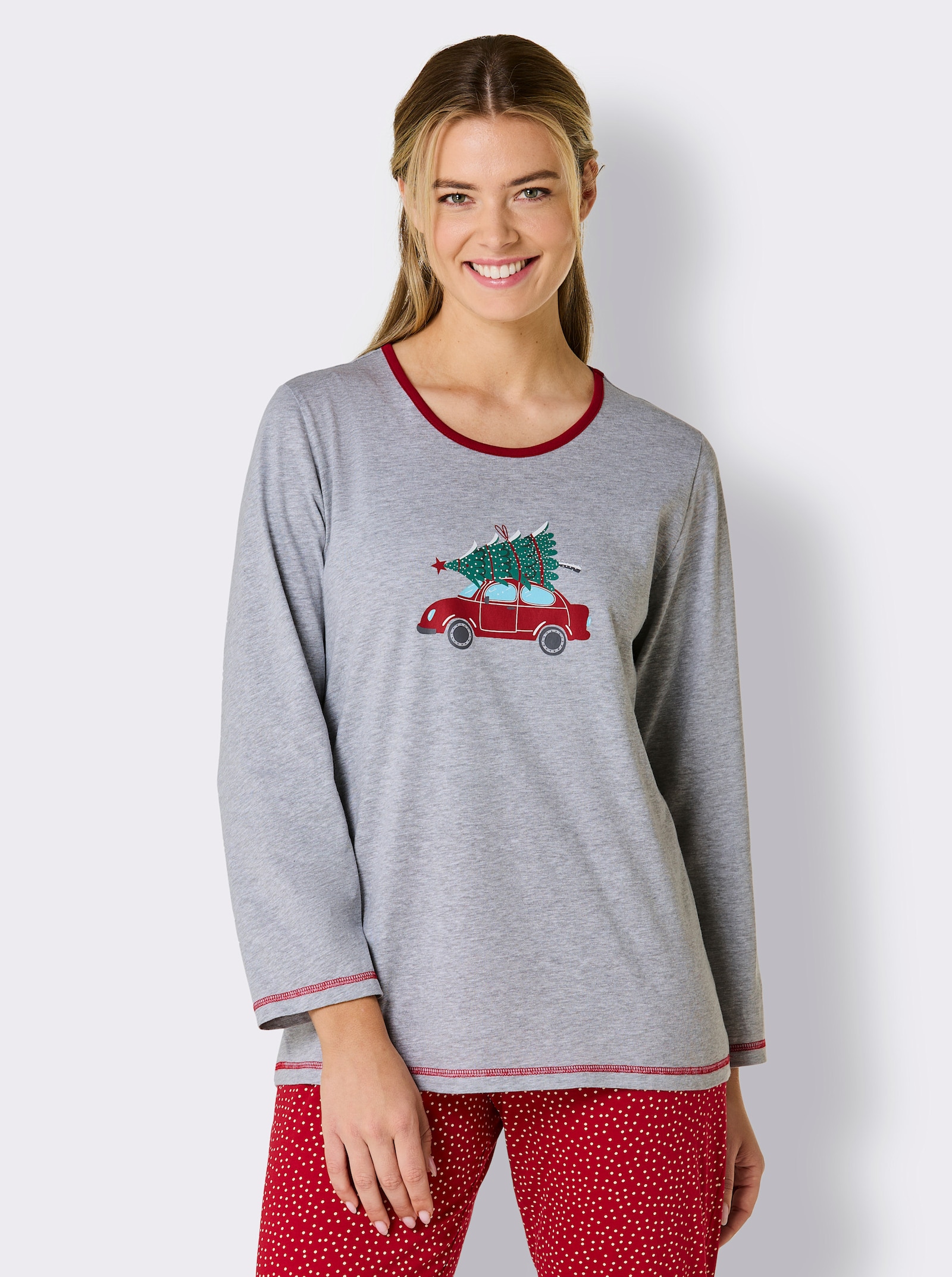 Comtessa Schlafanzugshirt mit Weihnachts-Motiv - grau-meliert-rot