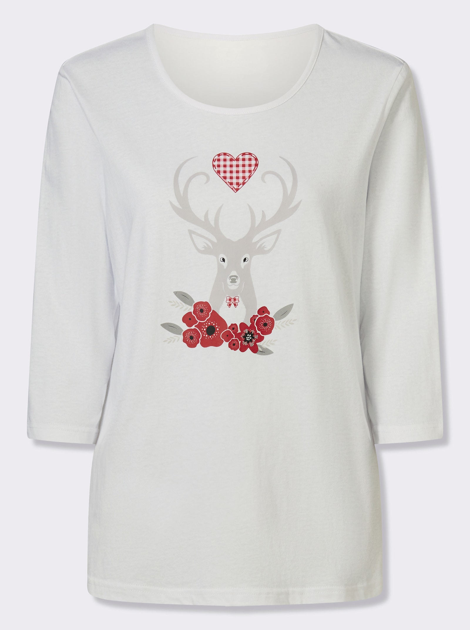 Shirt met 3/4-mouwen en hertenmotief - wit/rood geprint