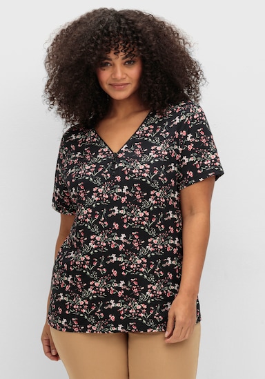 Kurzarmshirt mit Reißverschluss am Ausschnitt - schwarz-hellrosé-gemustert