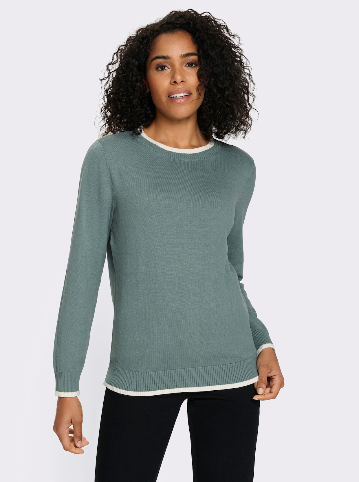 Langarm-Pullover in Baumwoll-Qualität - jade-ecru
