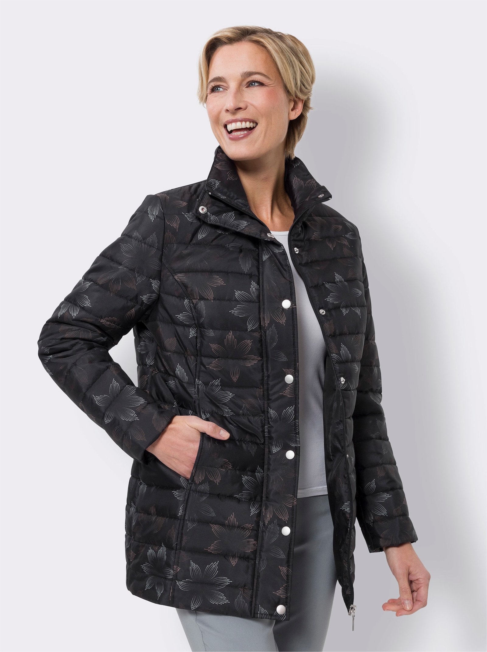 Steppjacke mit Blüten-Muster - schwarz-braun-bedruckt