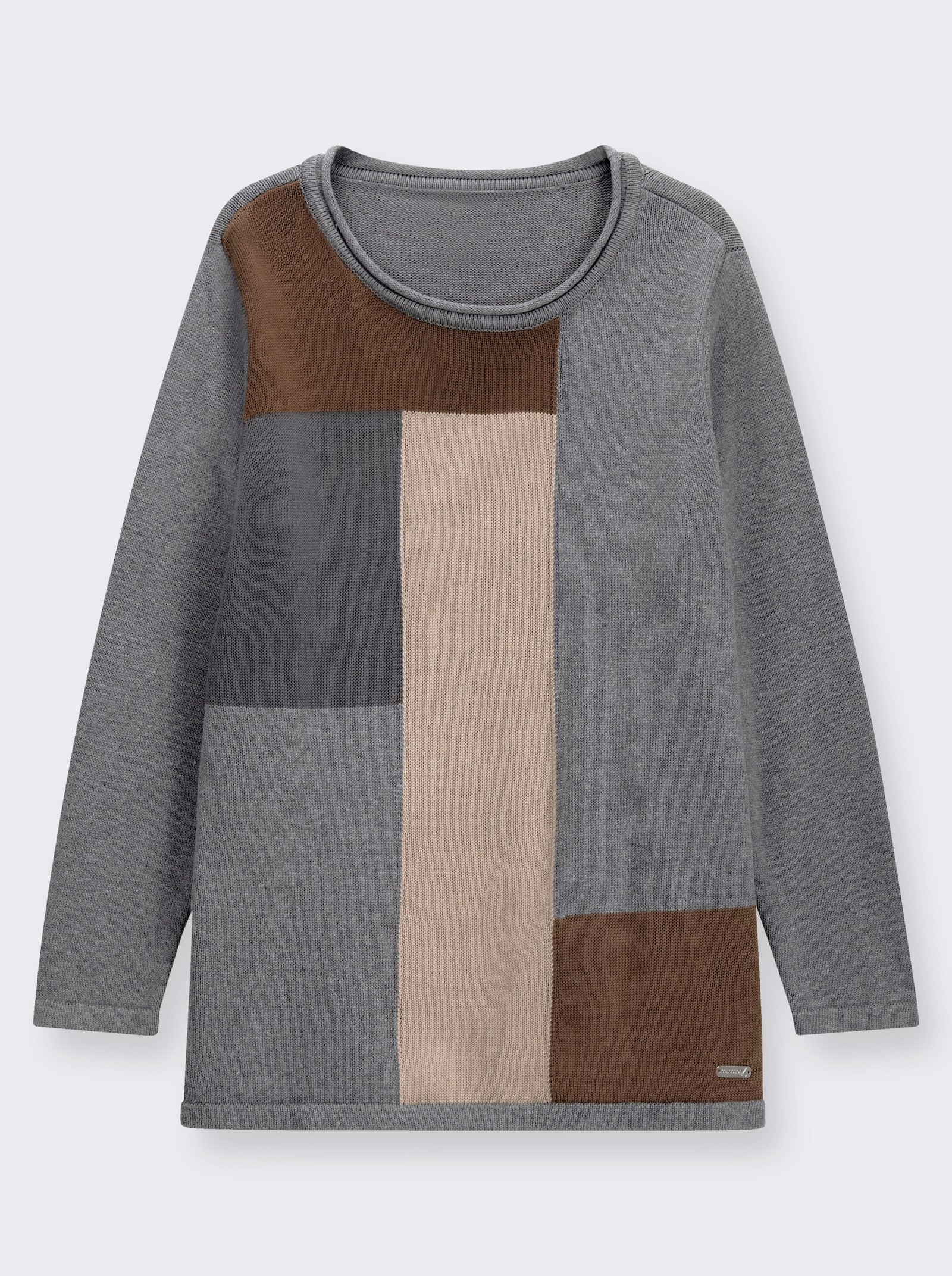Langarm-Pullover mit grafischem Strickmuster - steingrau-gemustert