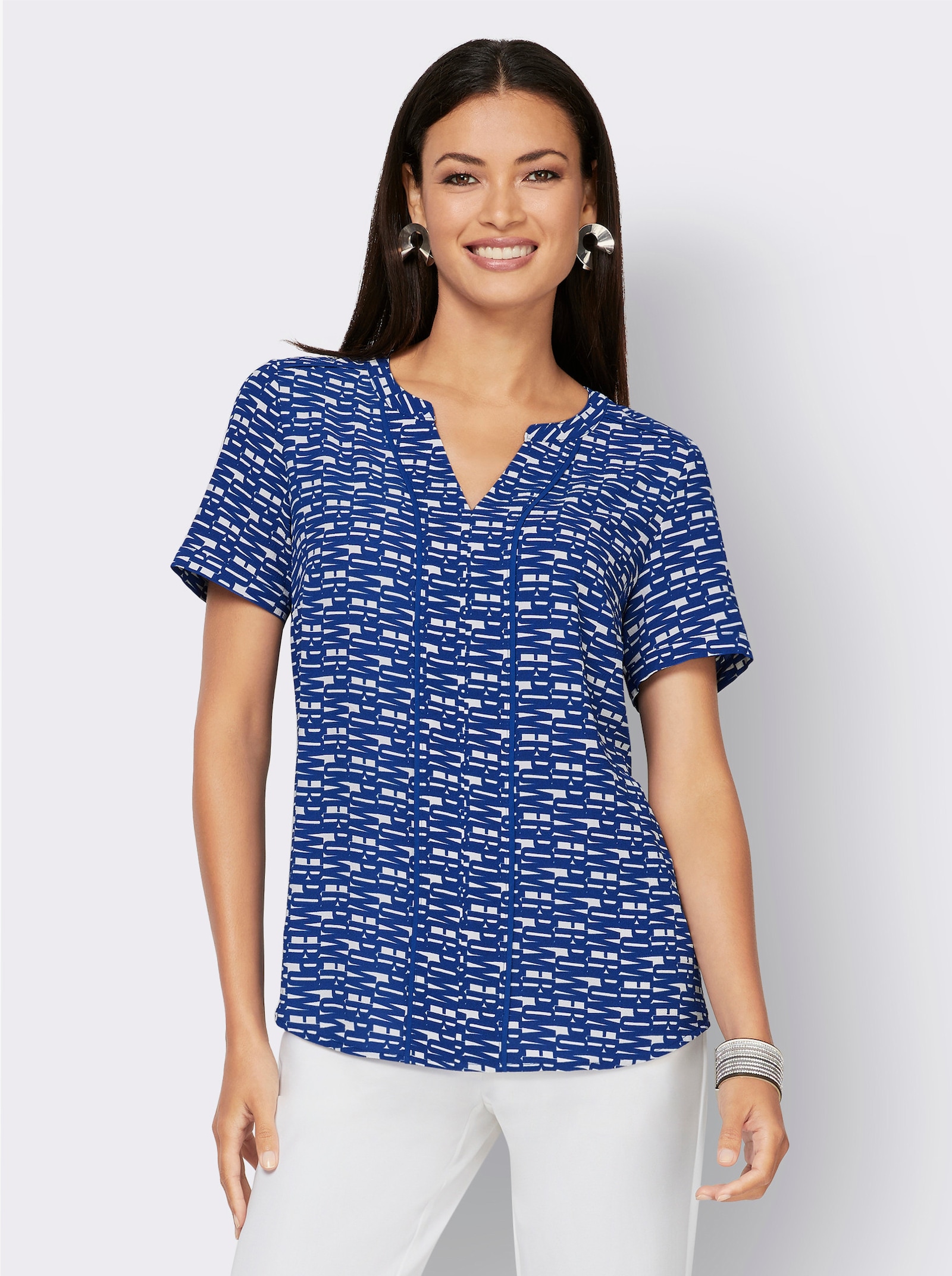 Kurzarmbluse mit Lettering-Print - royalblau-weiß-bedruckt