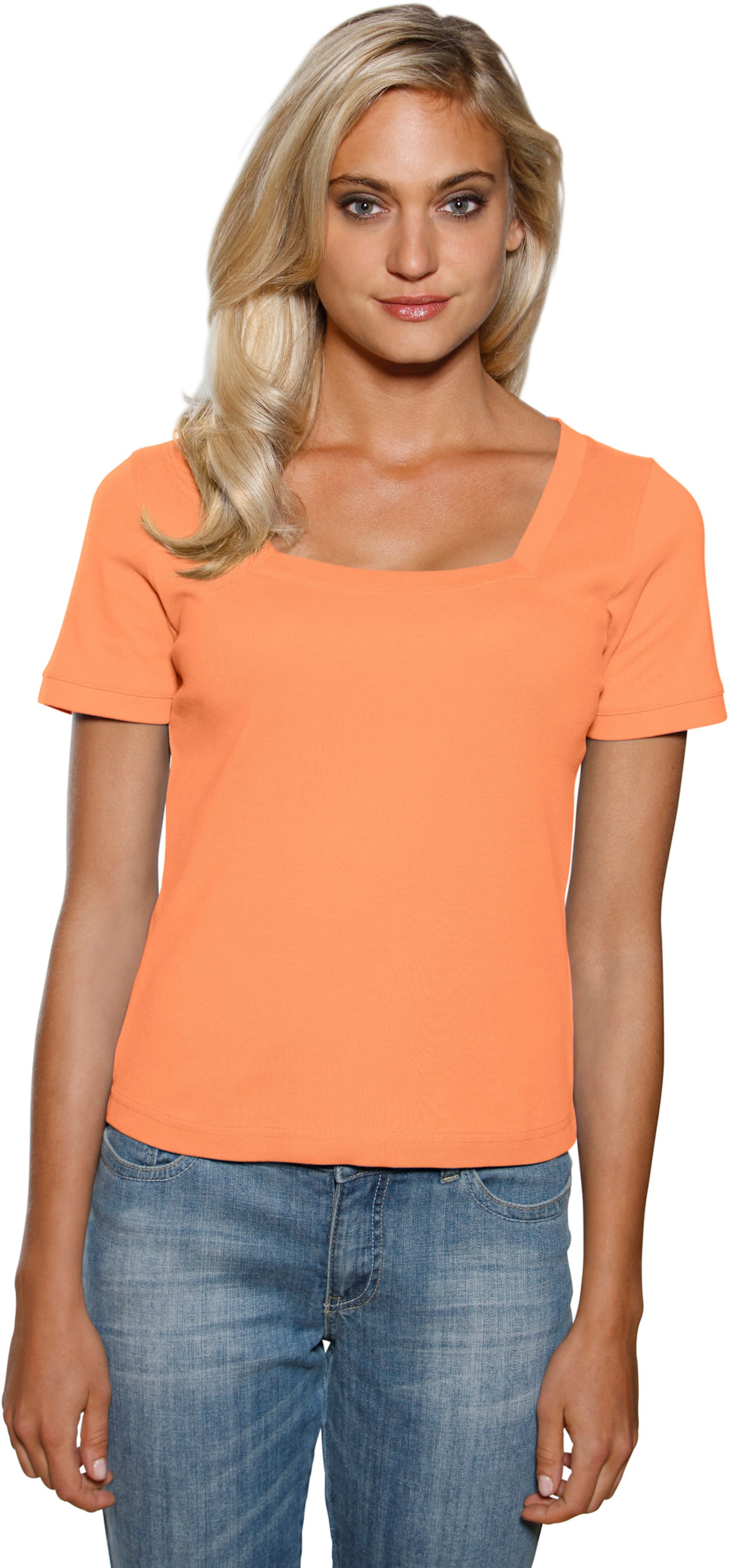 mit Figur günstig Kaufen-Carré-Shirt in orange von heine. Carré-Shirt in orange von heine <![CDATA[Carré-Shirt Mit großzügigem Ausschnitt. Aus trageangenehmer, feiner Rippenware. Figurbetonte Form.]]>. 